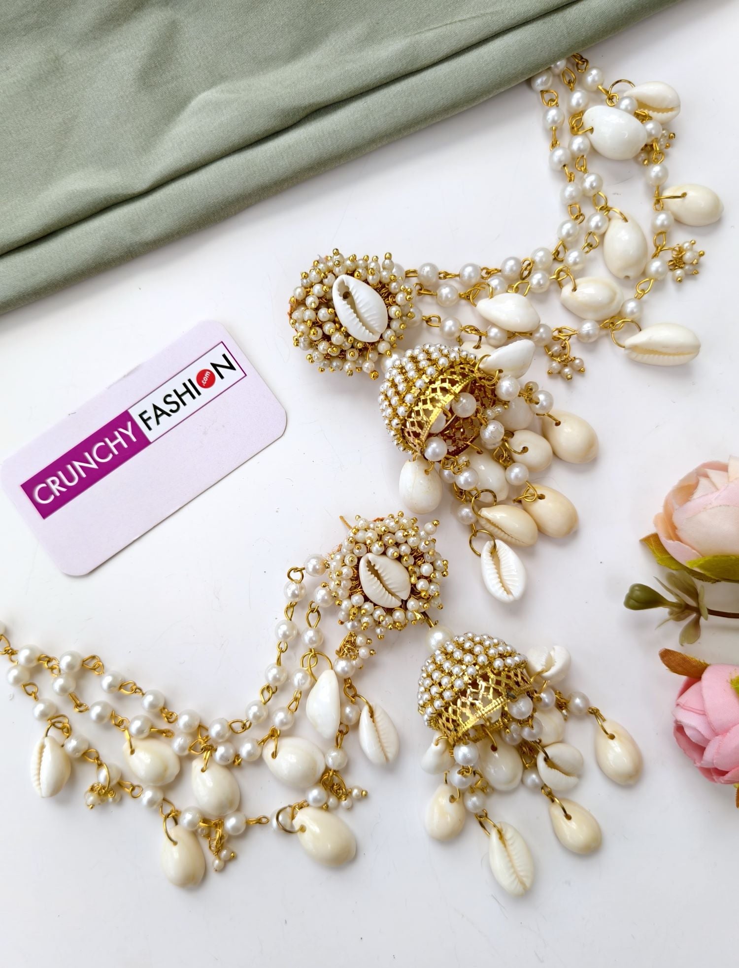 Ivory Pearl & Sea Shell Earrings, Ear chain & Matha Patti for Haldi