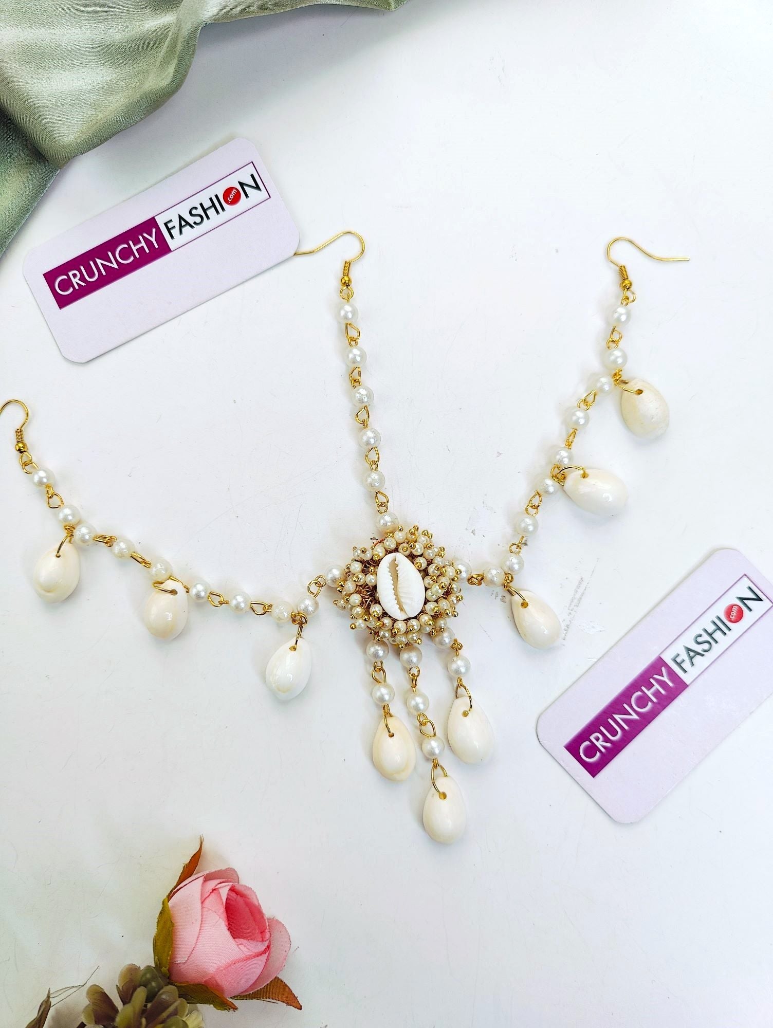 Floral-themed Ivory Pearl & Shell Drop-Dangler Earrings w/Ear chain & Matha patti set for women's Haldi 2025