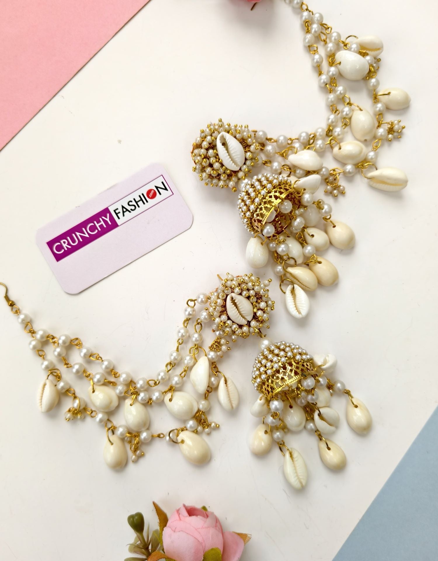 Ivory Pearl & Sea Shell Earrings, Ear chain & Matha Patti for Haldi