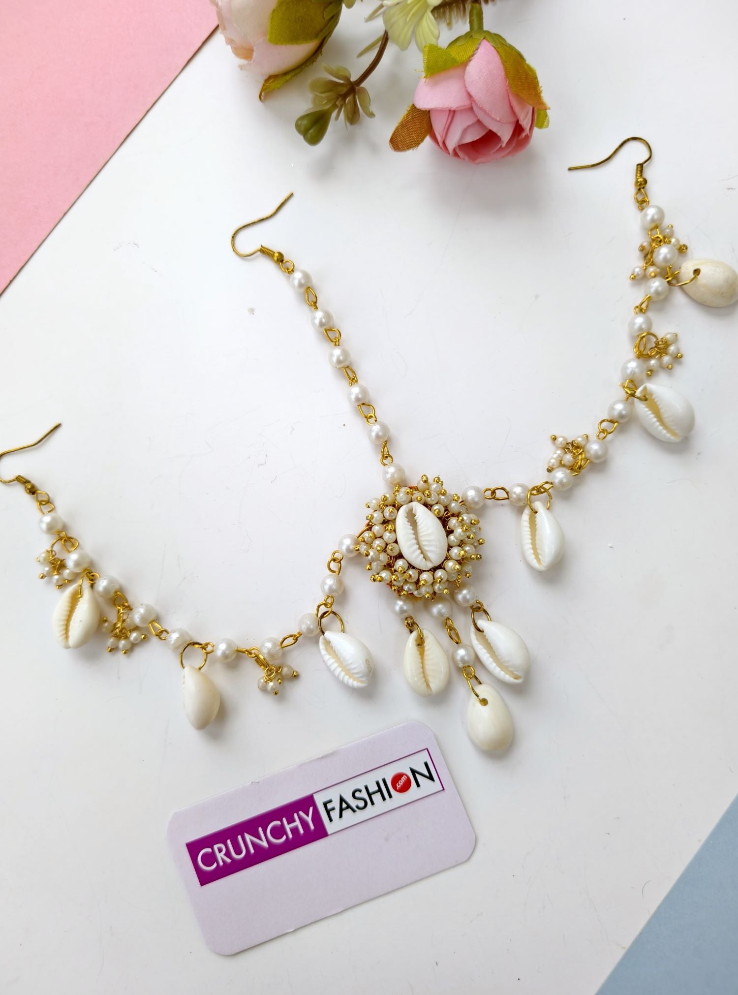 Ivory Pearl & Sea Shell Earrings, Ear chain & Matha Patti for Haldi