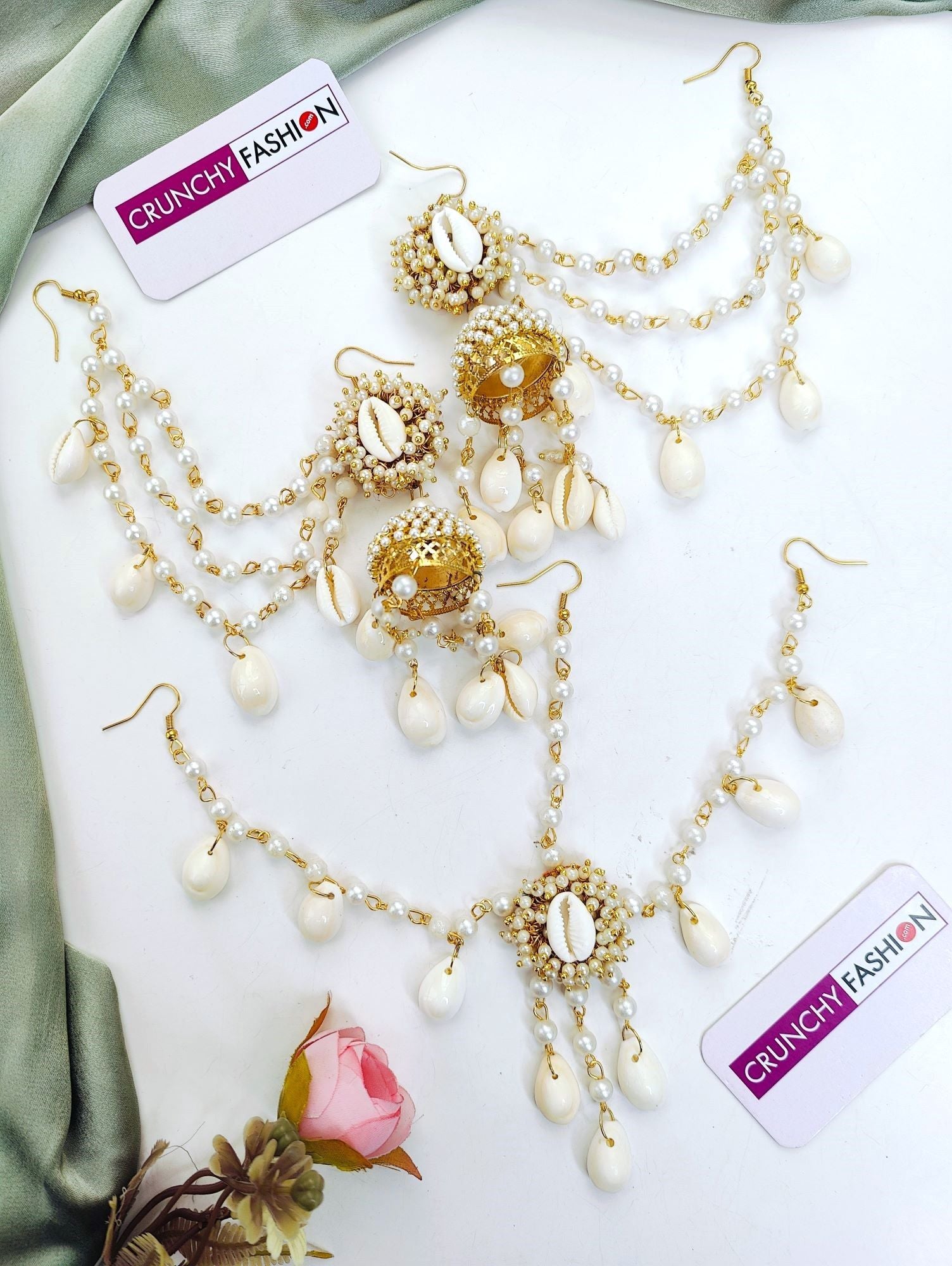 Floral-themed Ivory Pearl & Shell Drop-Dangler Earrings w/Ear chain & Matha patti set for women's Haldi 2025