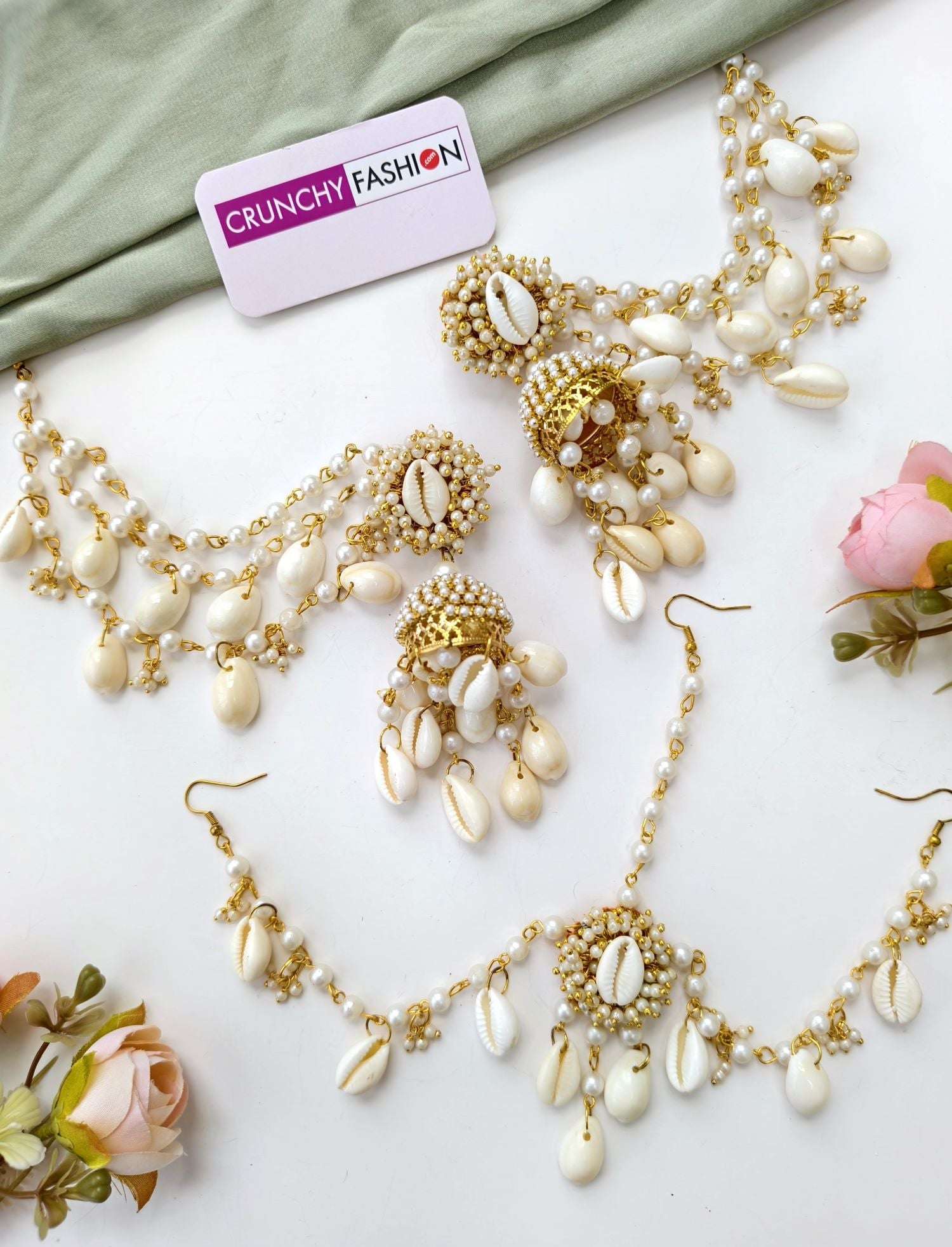 Ivory Pearl & Sea Shell Earrings, Ear chain & Matha Patti for Haldi
