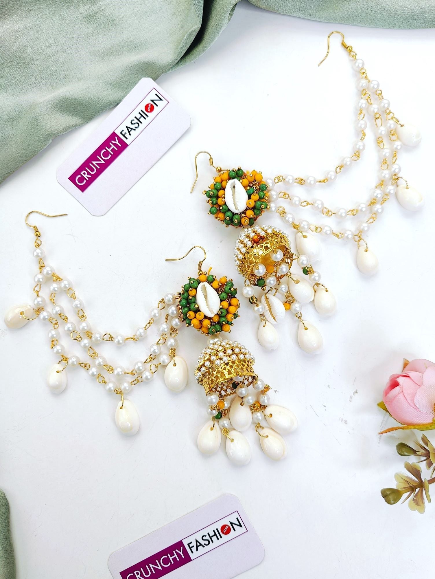 Floral theme, yellow-green Pearl & Sea Shell Earrings with Earchian & Matha patti set for women, perfect for Haldi occasion