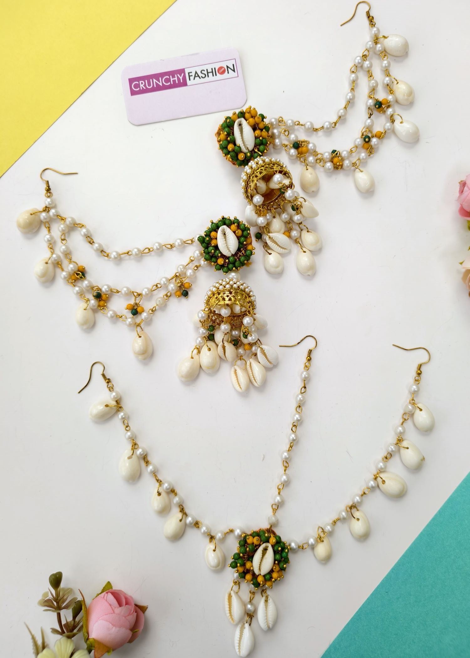 Green-Yellow Sea Shell Jhumka Earrings with earchain & Matha patti