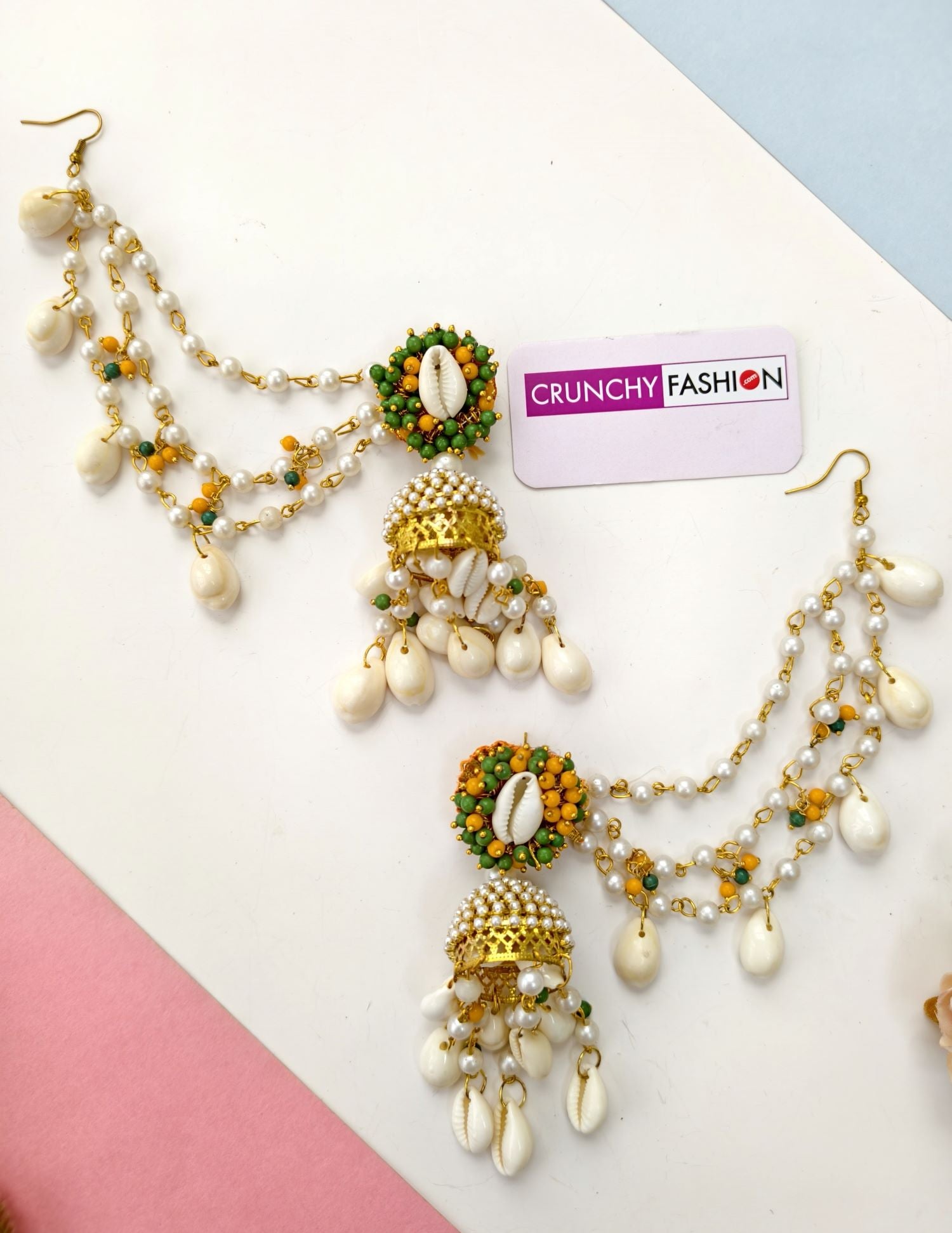 Green-Yellow Sea Shell Jhumka Earrings with earchain & Matha patti