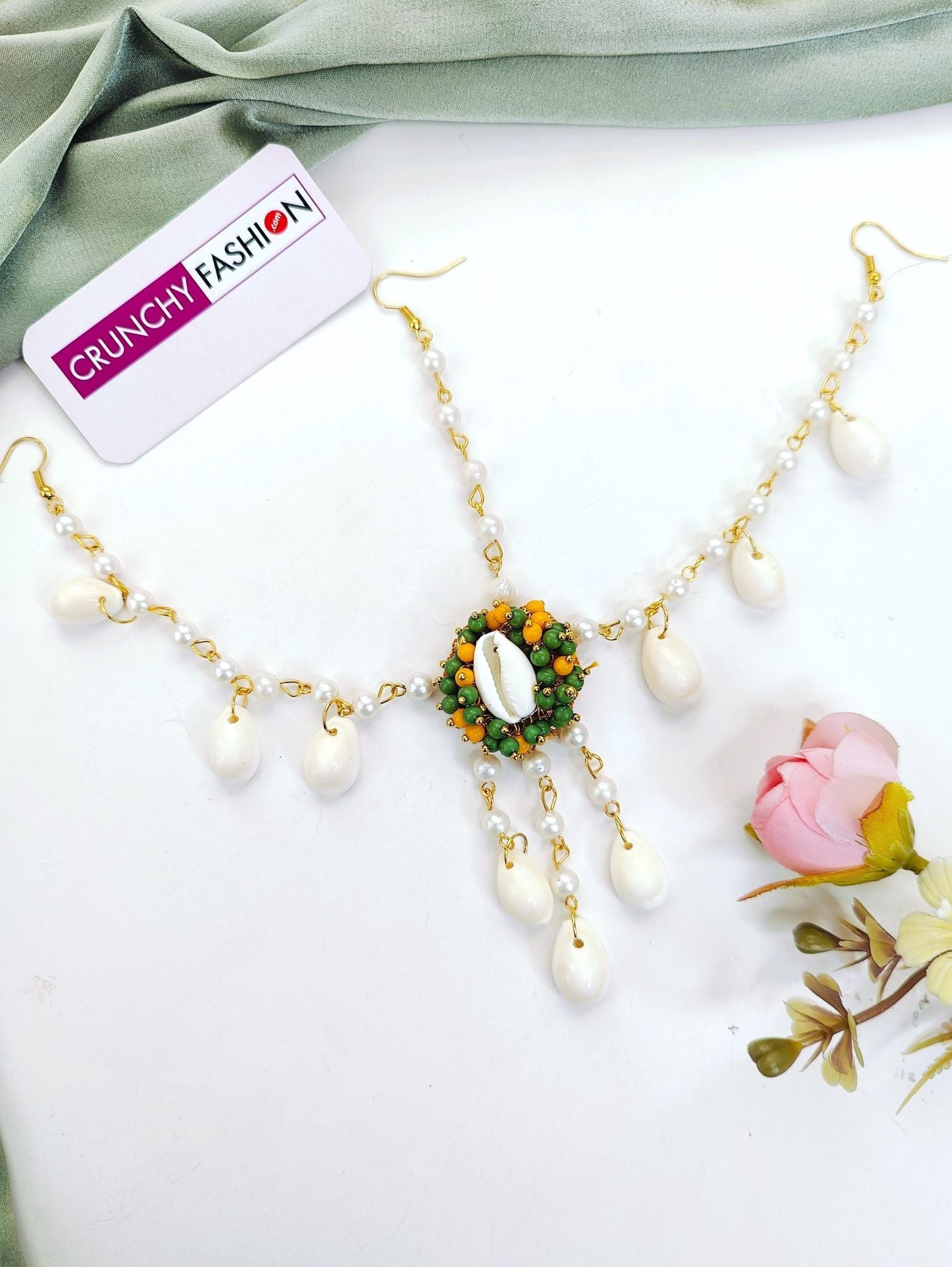 Floral theme, yellow-green Pearl & Sea Shell Earrings with Earchian & Matha patti set for women, perfect for Haldi occasion