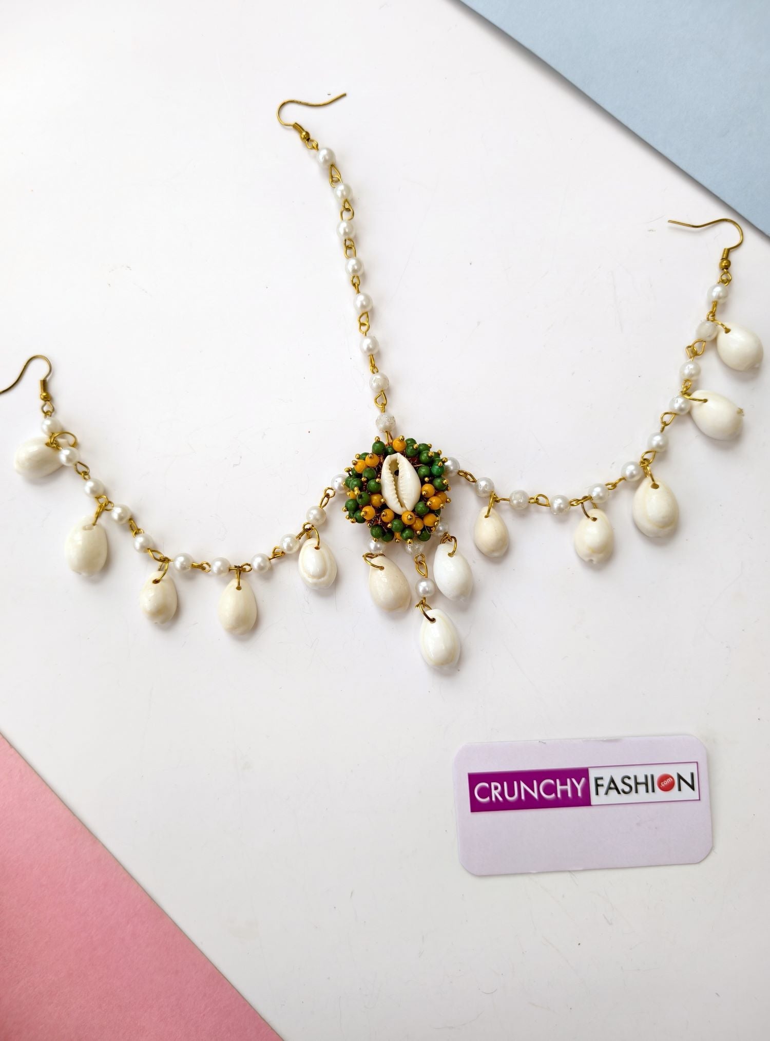 Green-Yellow Sea Shell Jhumka Earrings with earchain & Matha patti