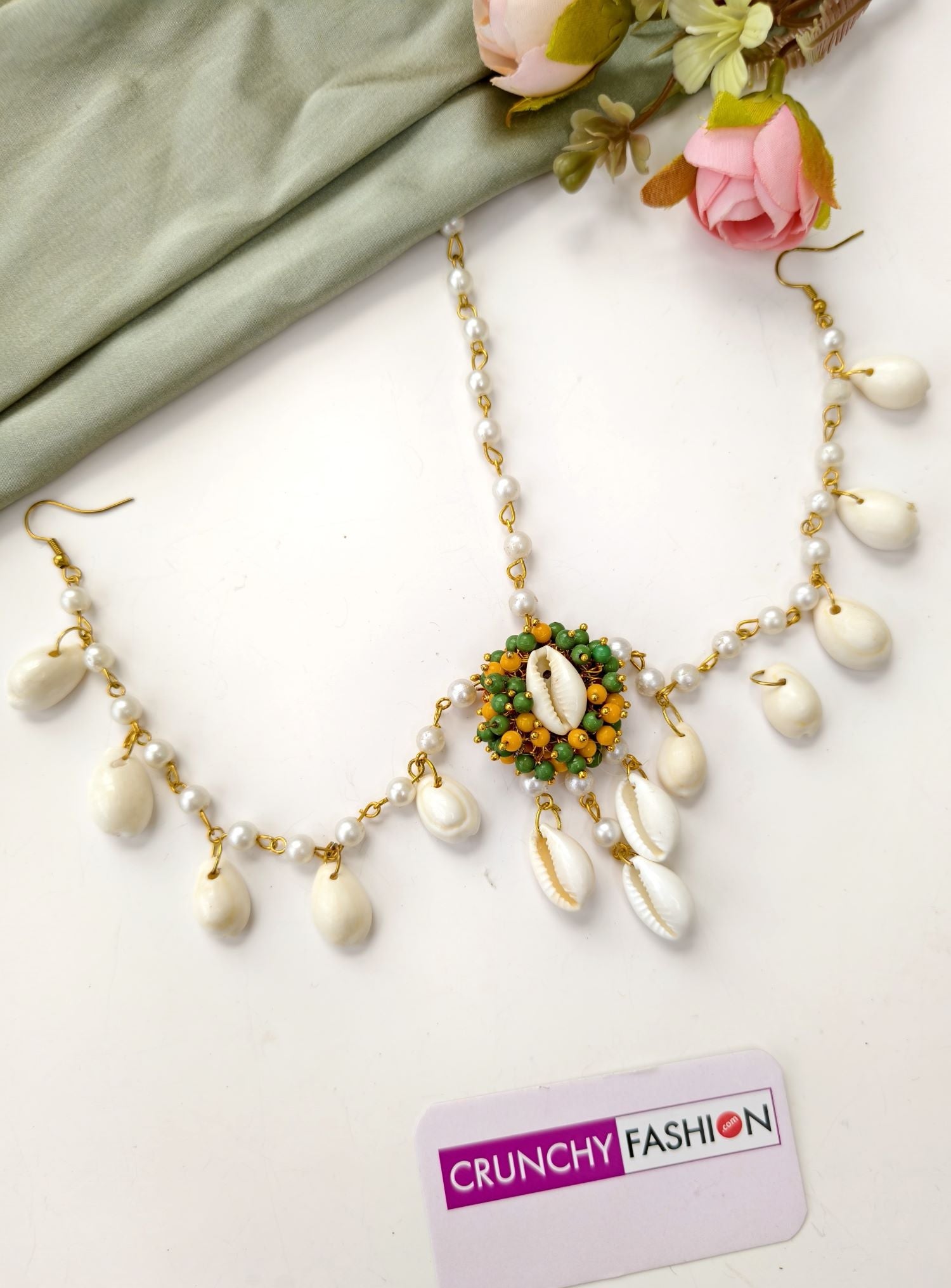 Green-Yellow Sea Shell Jhumka Earrings with earchain & Matha patti