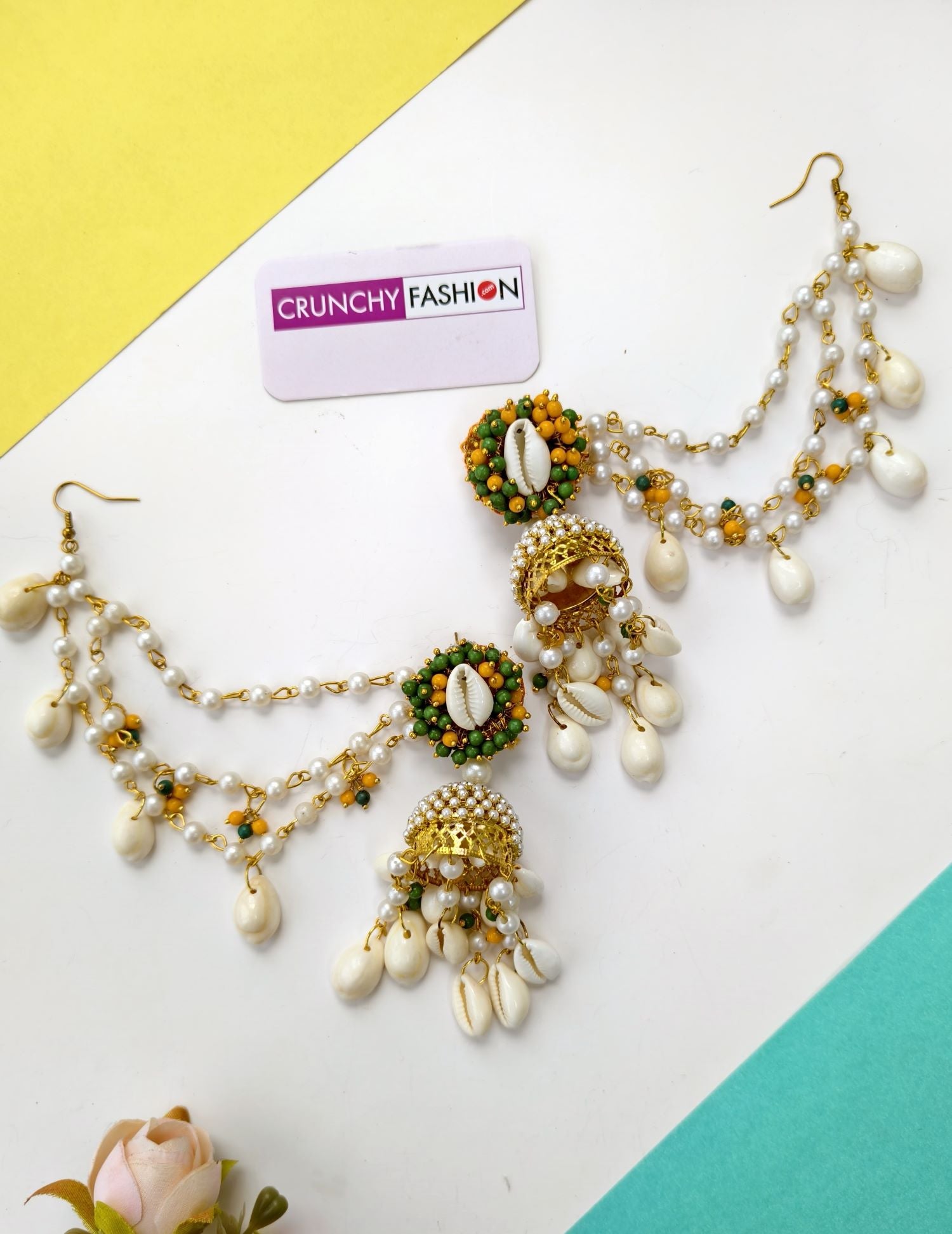 Green-Yellow Sea Shell Jhumka Earrings with earchain & Matha patti