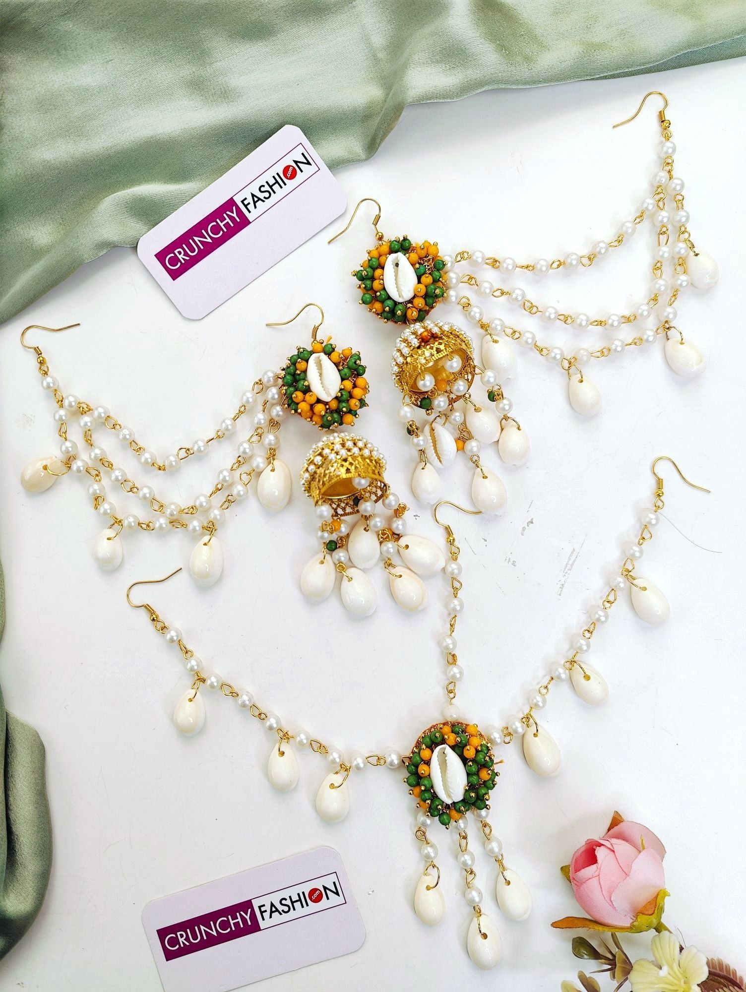 Floral theme, yellow-green Pearl & Sea Shell Earrings with Earchian & Matha patti set for women, perfect for Haldi occasion