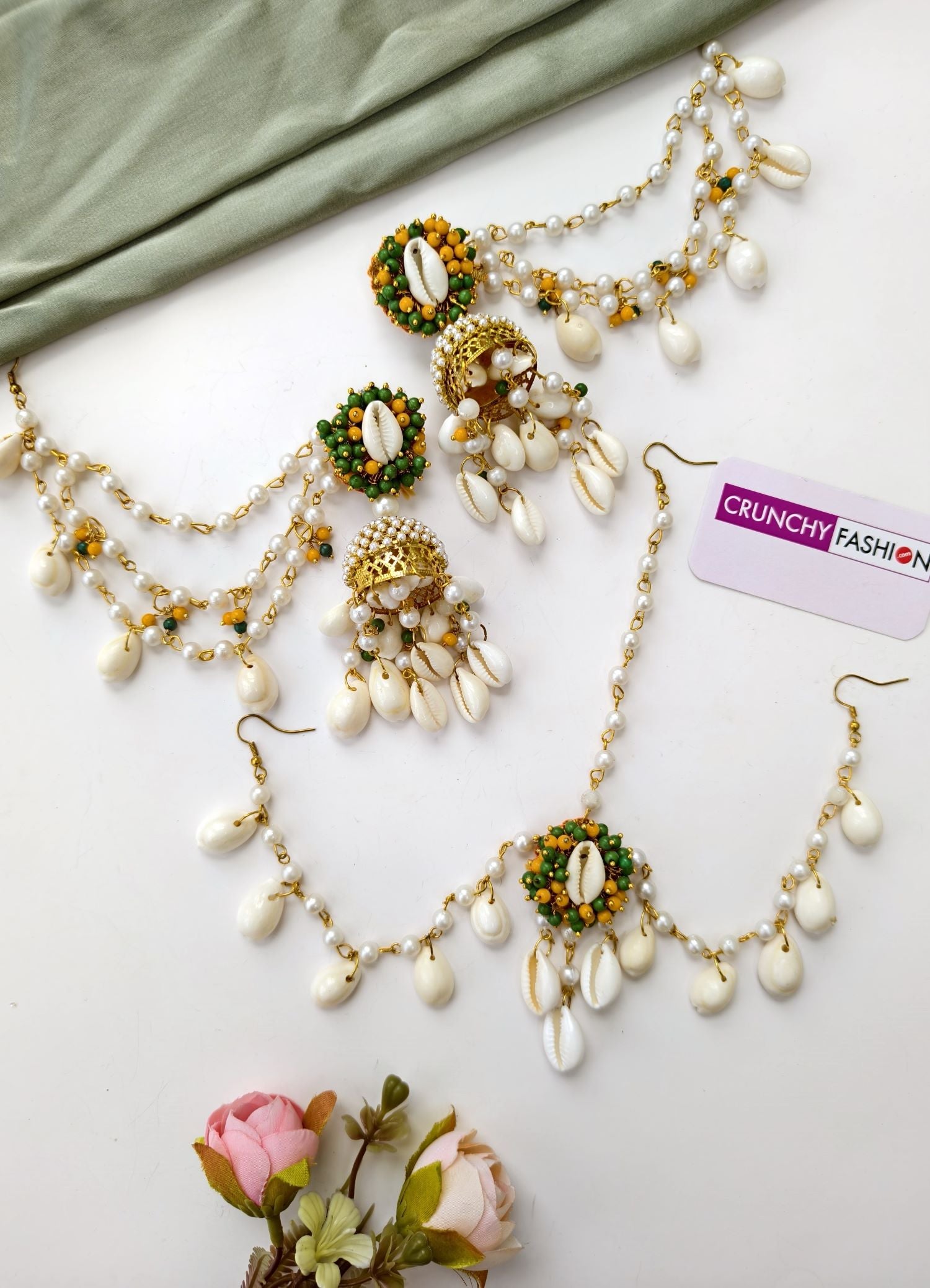 Green-Yellow Sea Shell Jhumka Earrings with earchain & Matha patti