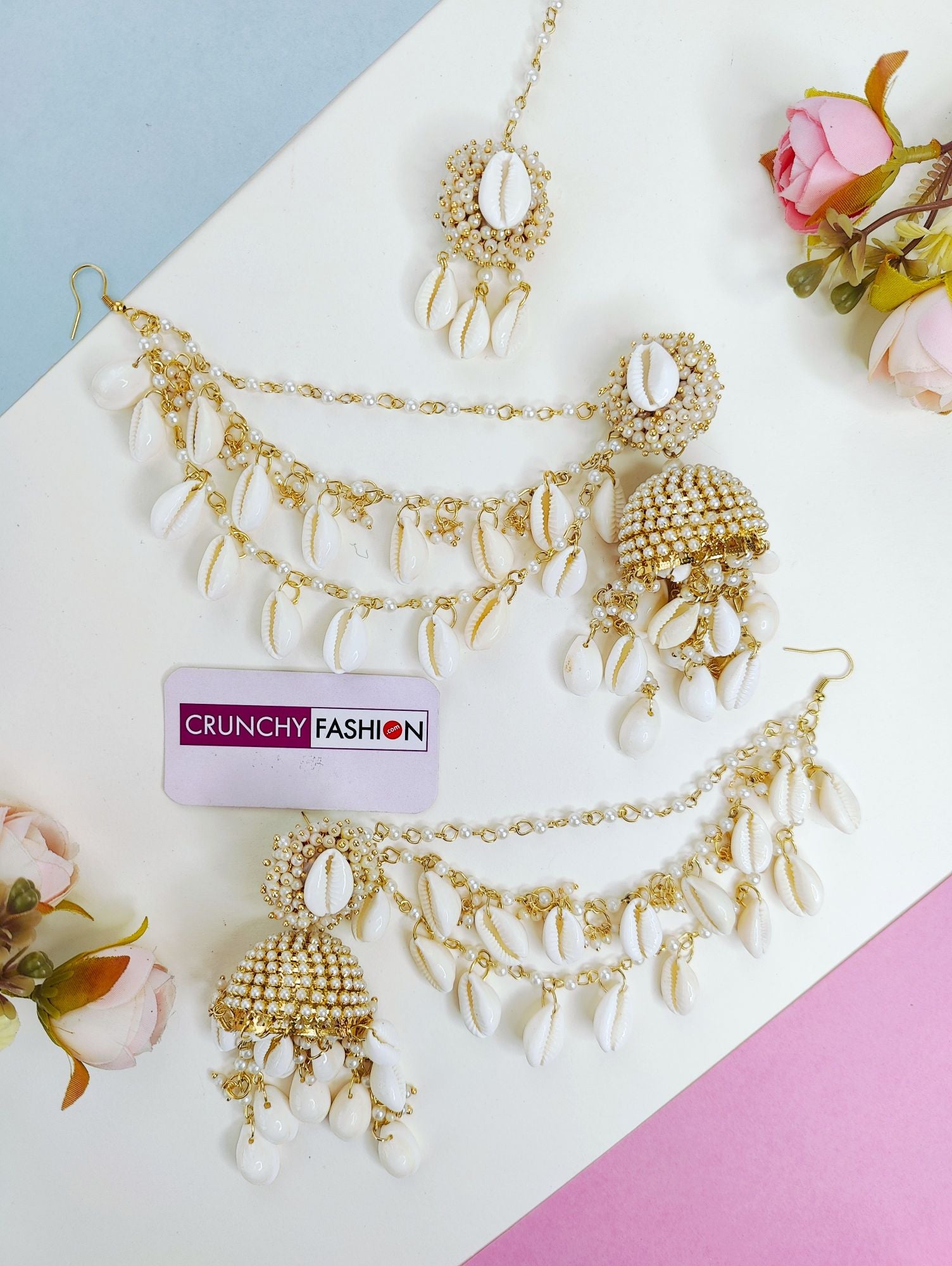 Pink Pearl & Sea Shell Jhumka Earrings, Tikka Ear Chains Set for Haldi