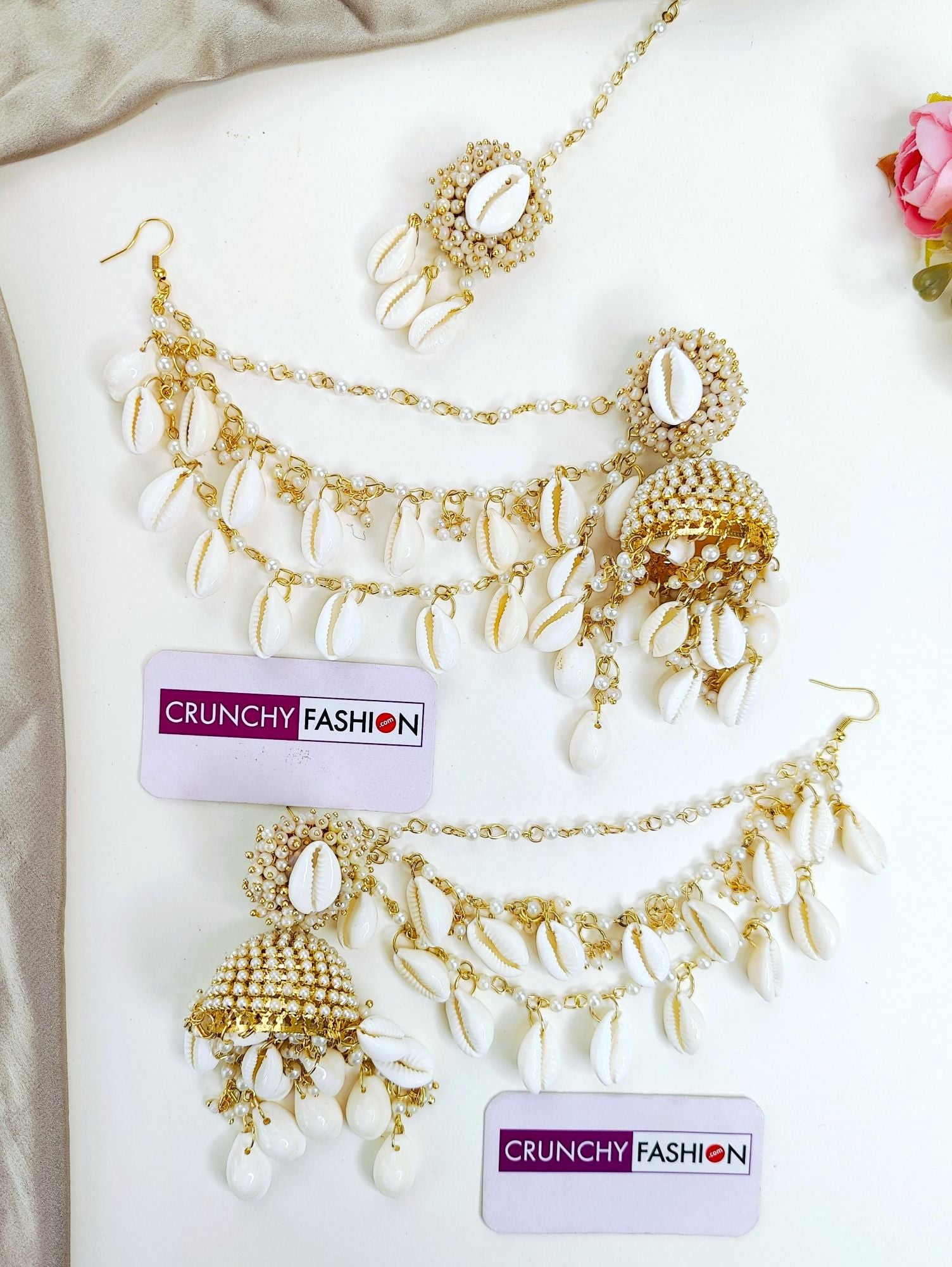 Pink Pearl & Sea Shell Jhumka Earrings, Tikka Ear Chains Set for Haldi