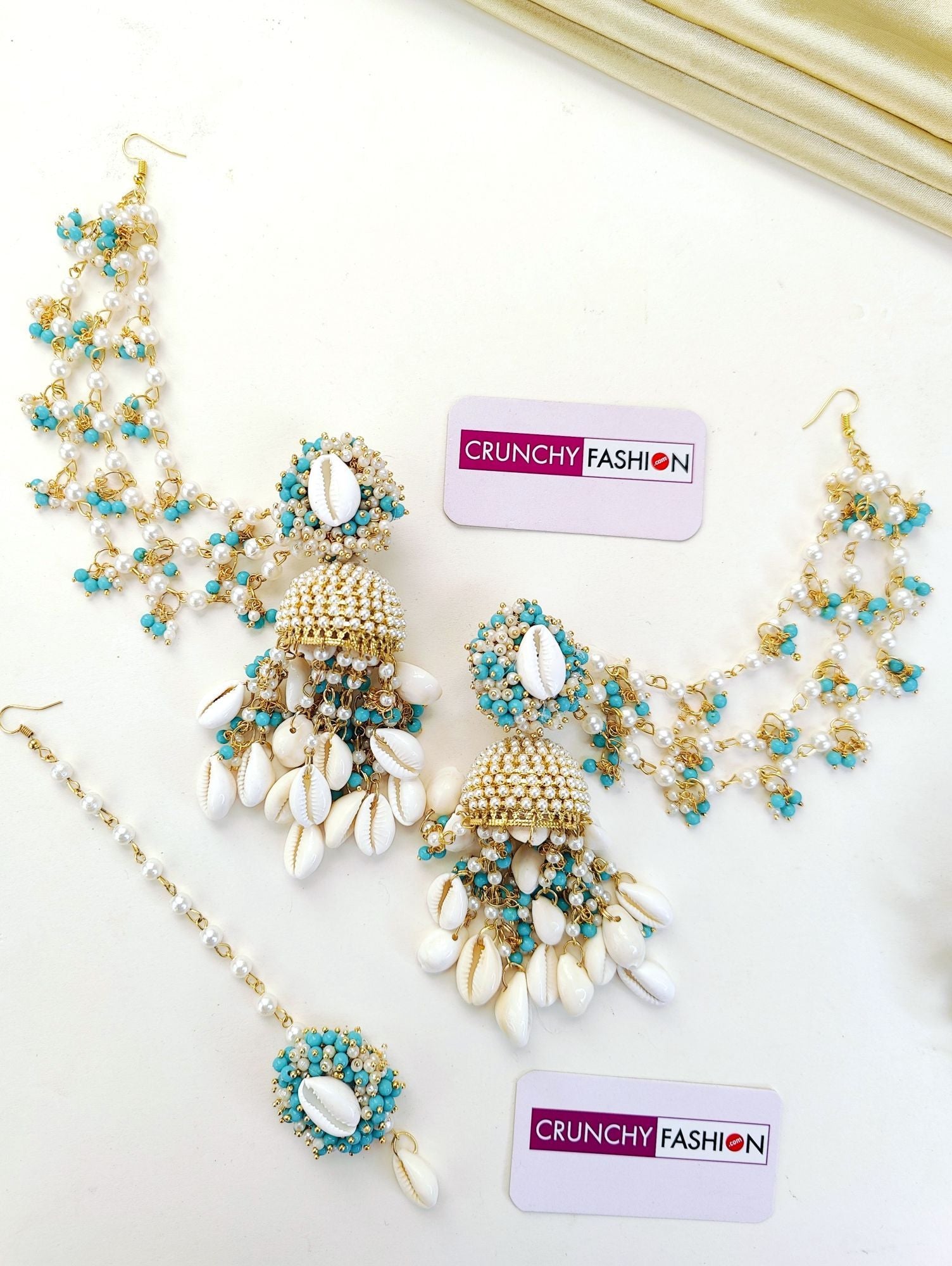 Floral Fantasy: Pink Shell & Bead Earrings with Maang Tikka, for Haldi