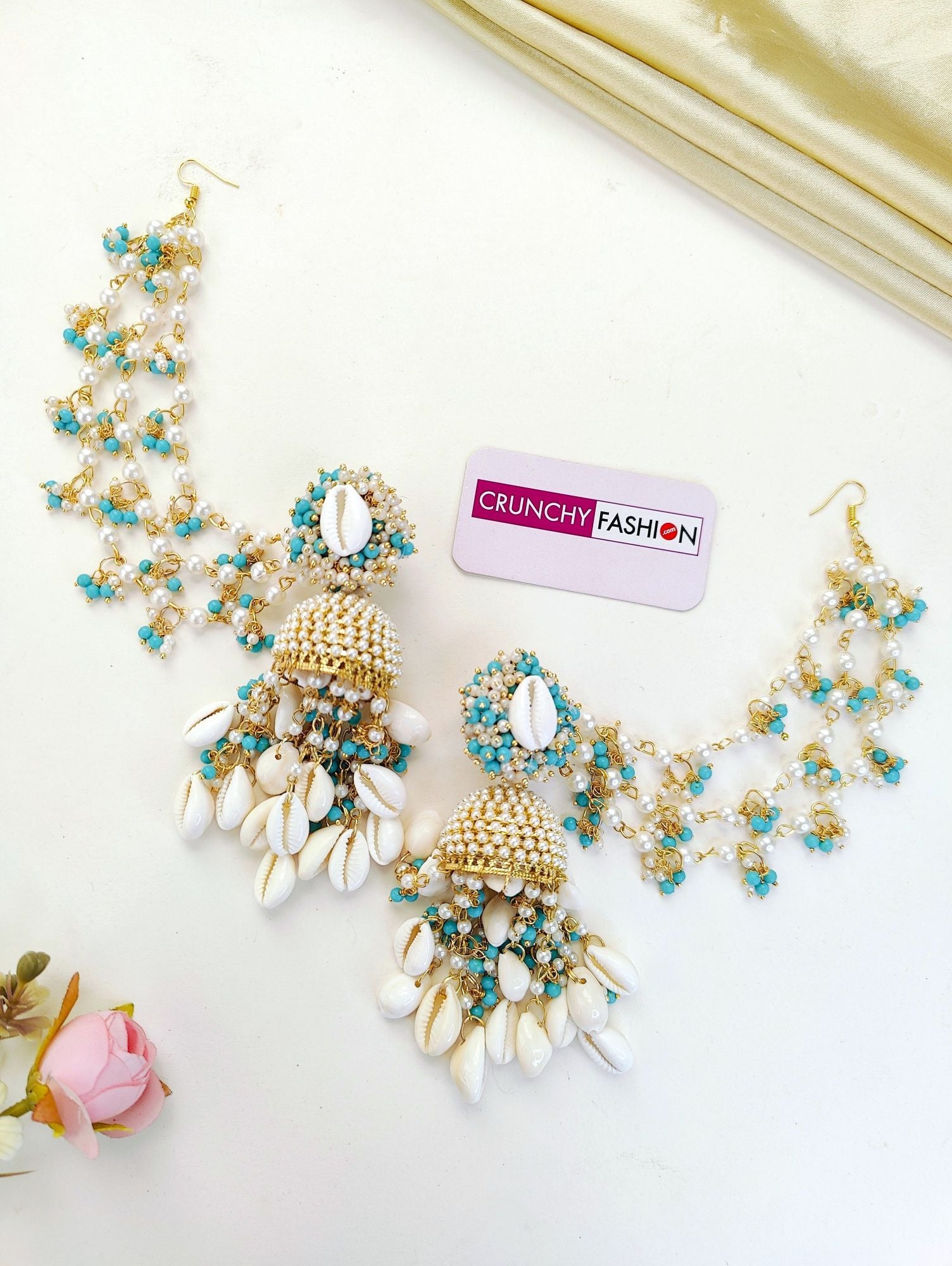 Sky-Blue Pearl & Sea Shell Floral Jhumka Earrings with Ear Chains for Women - Haldi Special