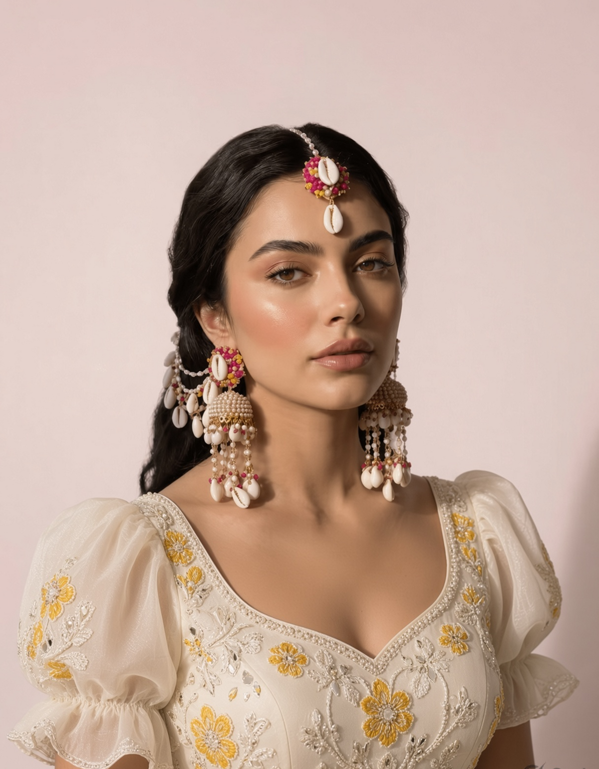 Pink-Yellow Pearl & Sea Shell Earrings with Ear Chains- TIkka Set