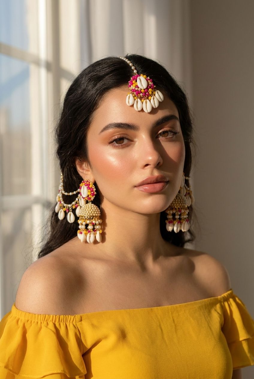 Pink-yellow pearl and sea shell earrings with ear chains, handmade floral jewelry for haldi, women, drop dangler set