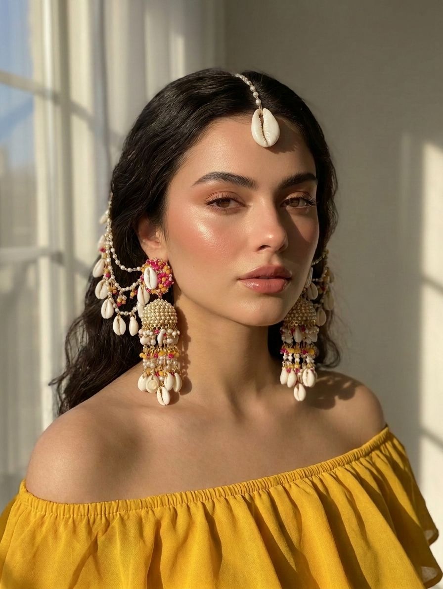 Pink-yellow pearl and sea shell earrings with ear chains, handmade floral jewelry for haldi, women, drop dangler set