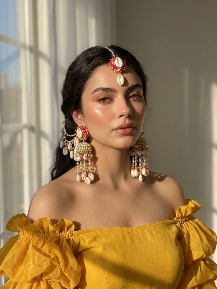 Pink-yellow pearl and sea shell earrings with ear chains, handmade floral jewelry for haldi, women, drop dangler set