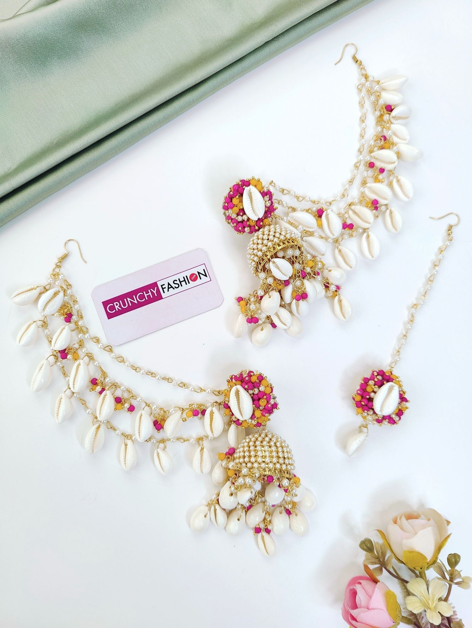 Pink-yellow pearl and sea shell earrings with ear chains, handmade floral jewelry for haldi, women, drop dangler set