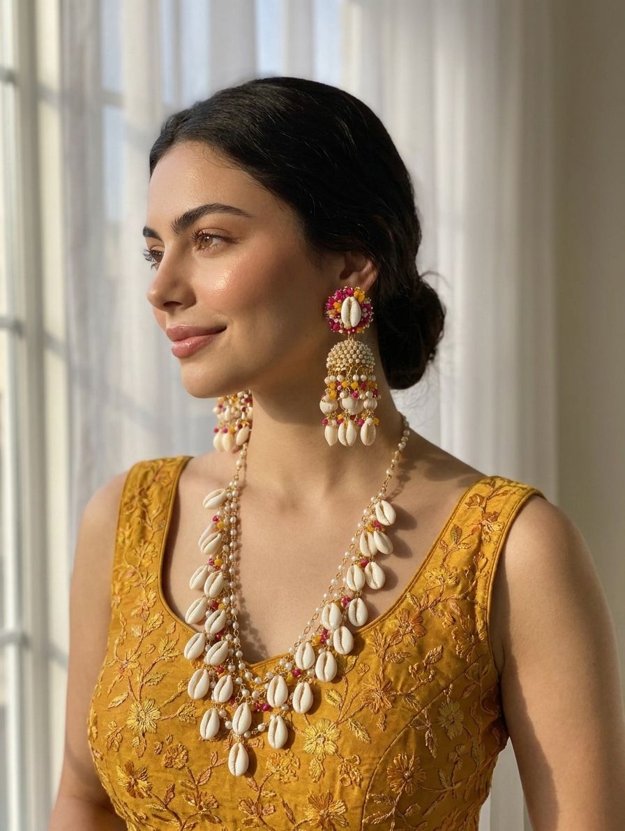 Pink-yellow pearl and sea shell earrings with ear chains, handmade floral jewelry set for women’s haldi and mehndi