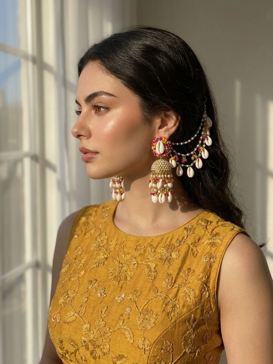 Pink-yellow pearl and sea shell earrings with ear chains, handmade floral jewelry set for women’s haldi and mehndi