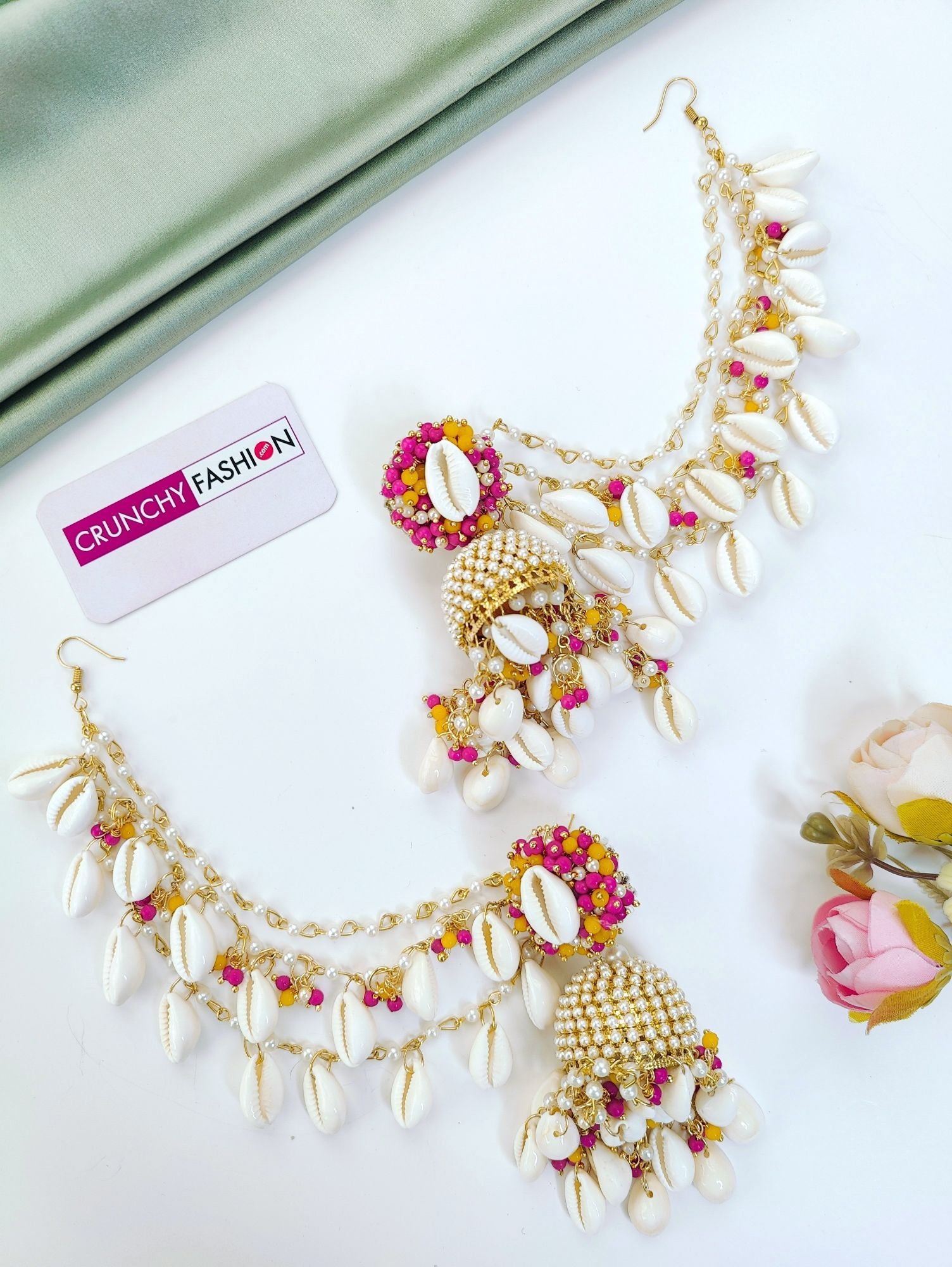 Pink-yellow pearl and sea shell earrings with ear chains, handmade floral jewelry set for women’s haldi and mehndi