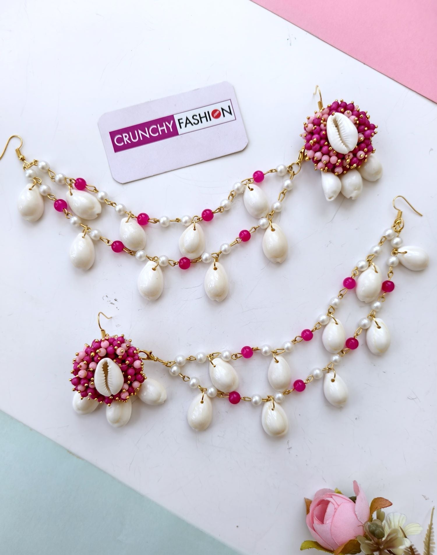Pink sea shell stud earrings for haldi-mehndi, pearl beaded jewellery