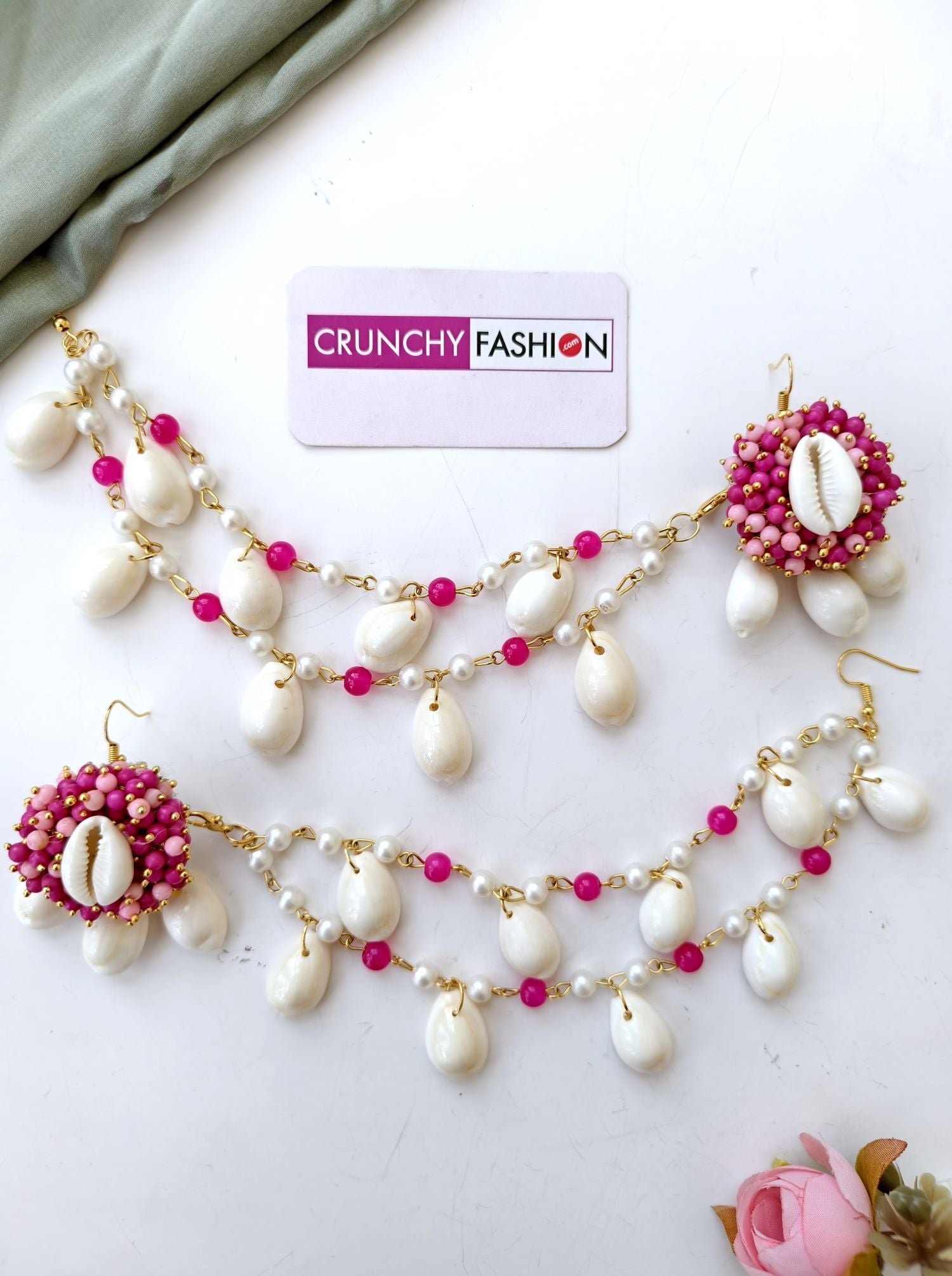 Pink sea shell stud earrings for haldi-mehndi, pearl beaded jewellery