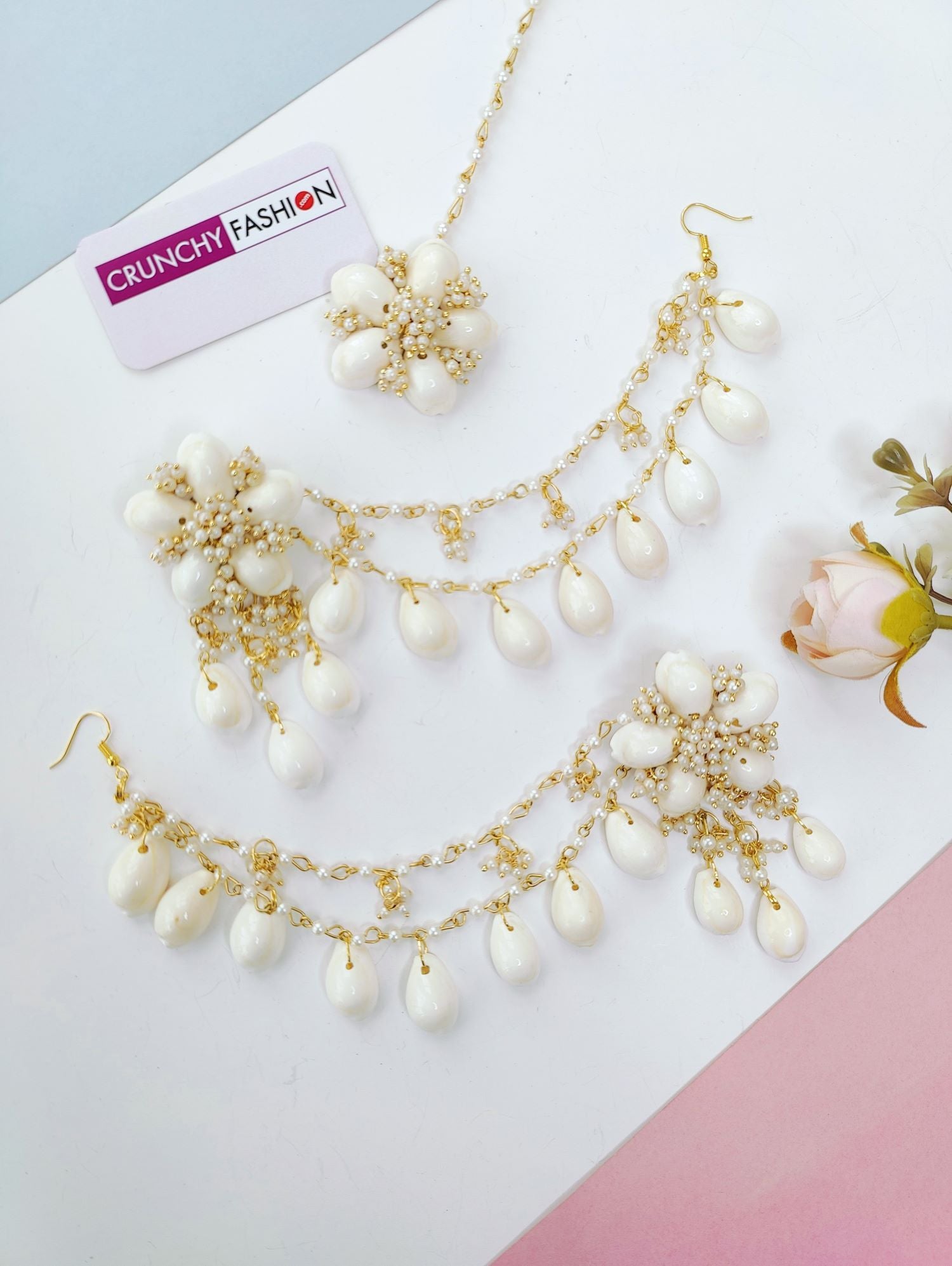 Cowrie shell earrings for haldi, floral shell earrings, trending sea shell jewellery 2026, carnival haldi-mehndi set