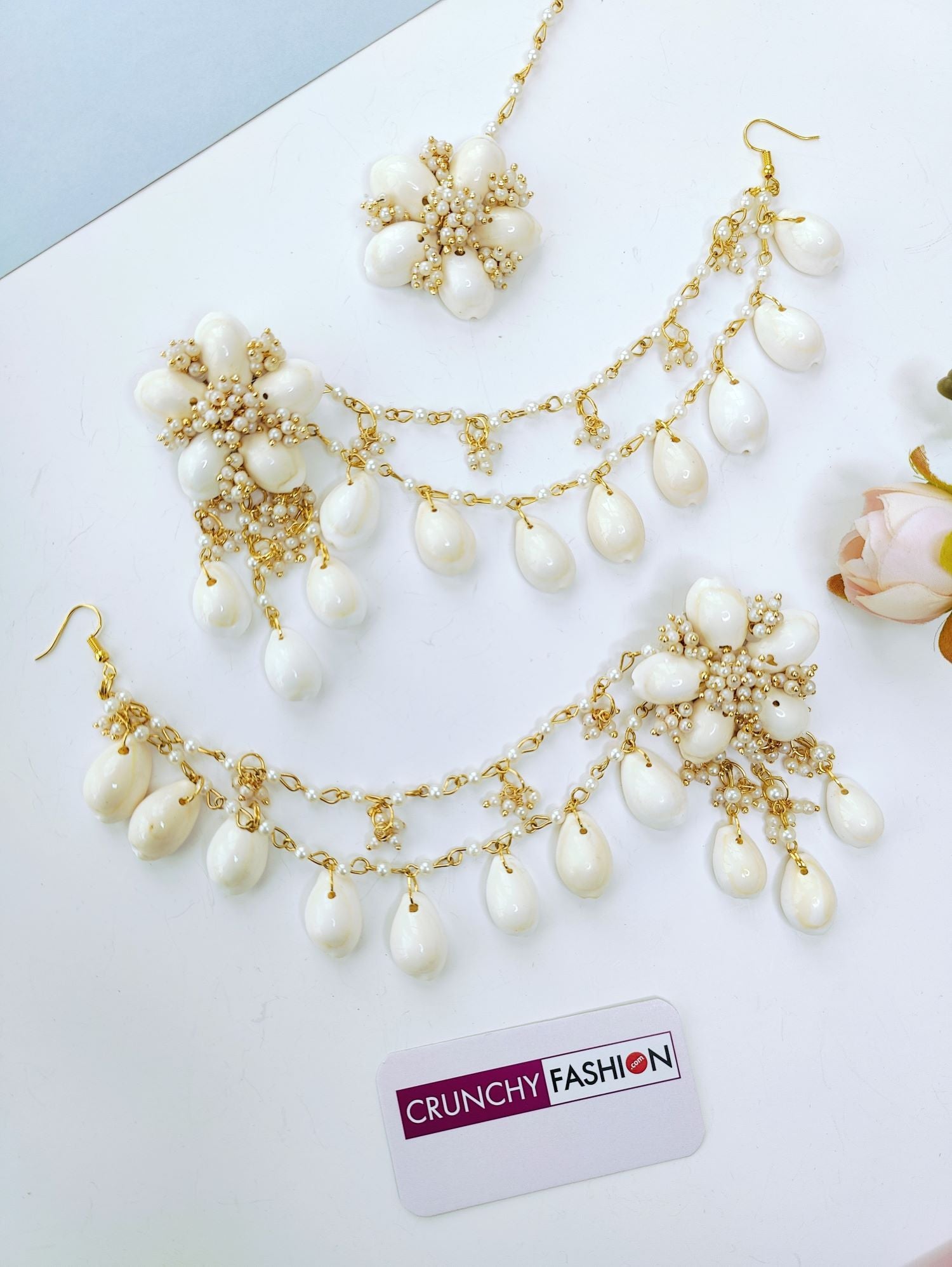 Cowrie shell earrings for haldi, floral shell earrings, trending sea shell jewellery 2026, carnival haldi-mehndi set