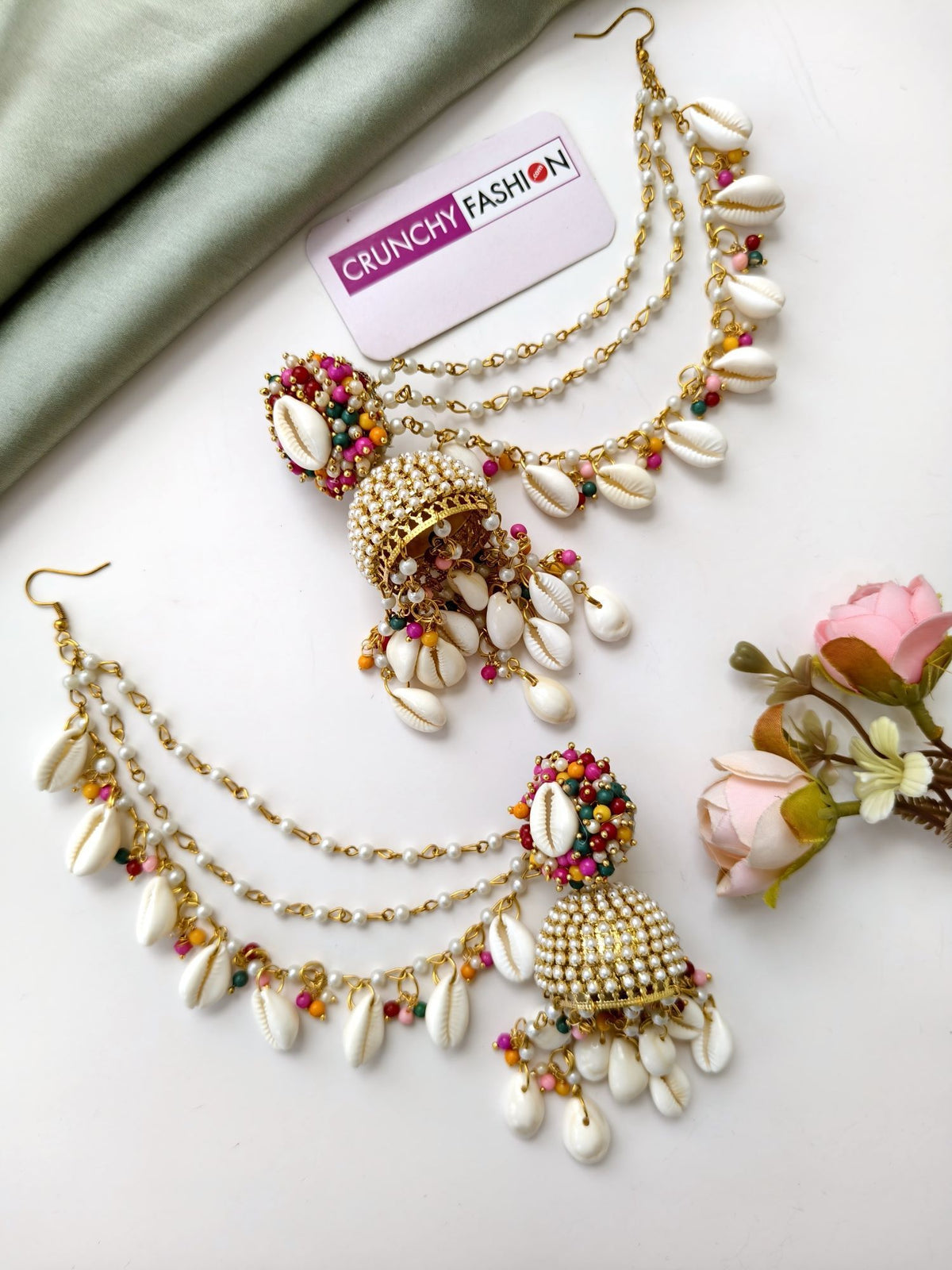 pearl & sea shell jhumka earrings & tikka set for haldi, multicolor
