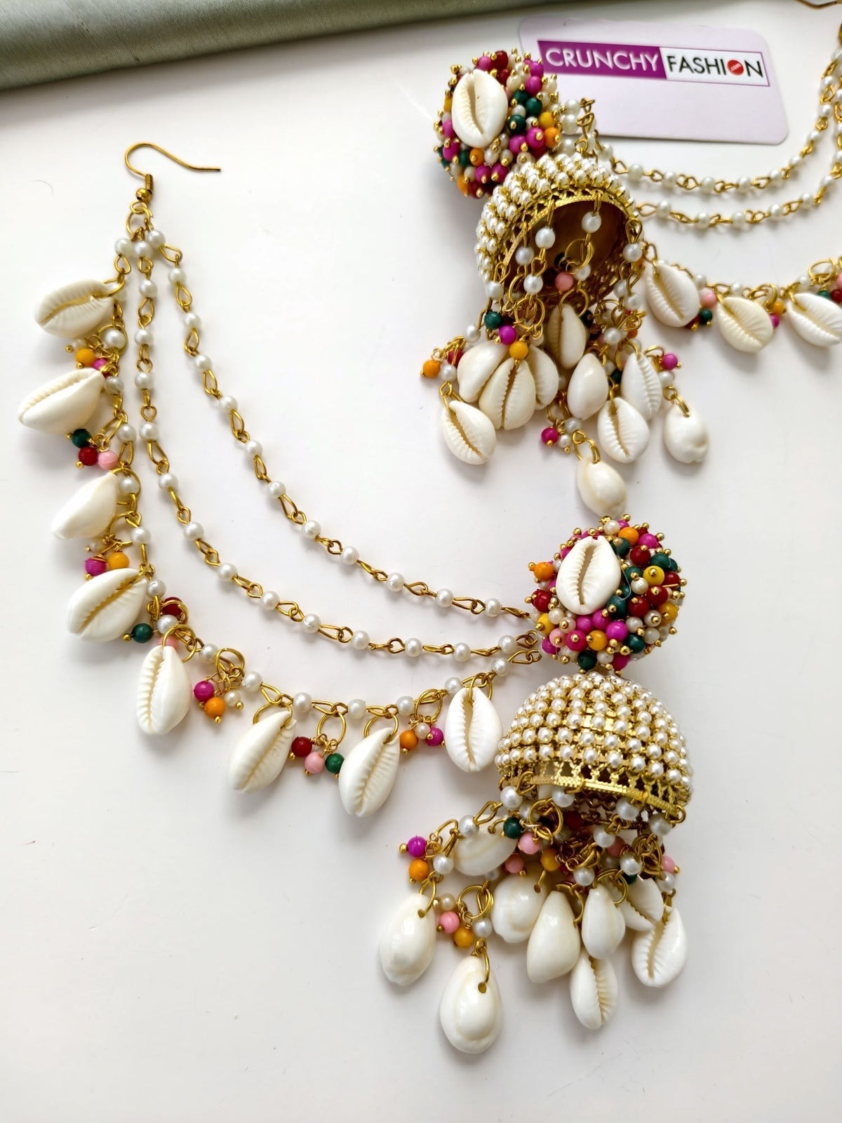 pearl & sea shell jhumka earrings & tikka set for haldi, multicolor