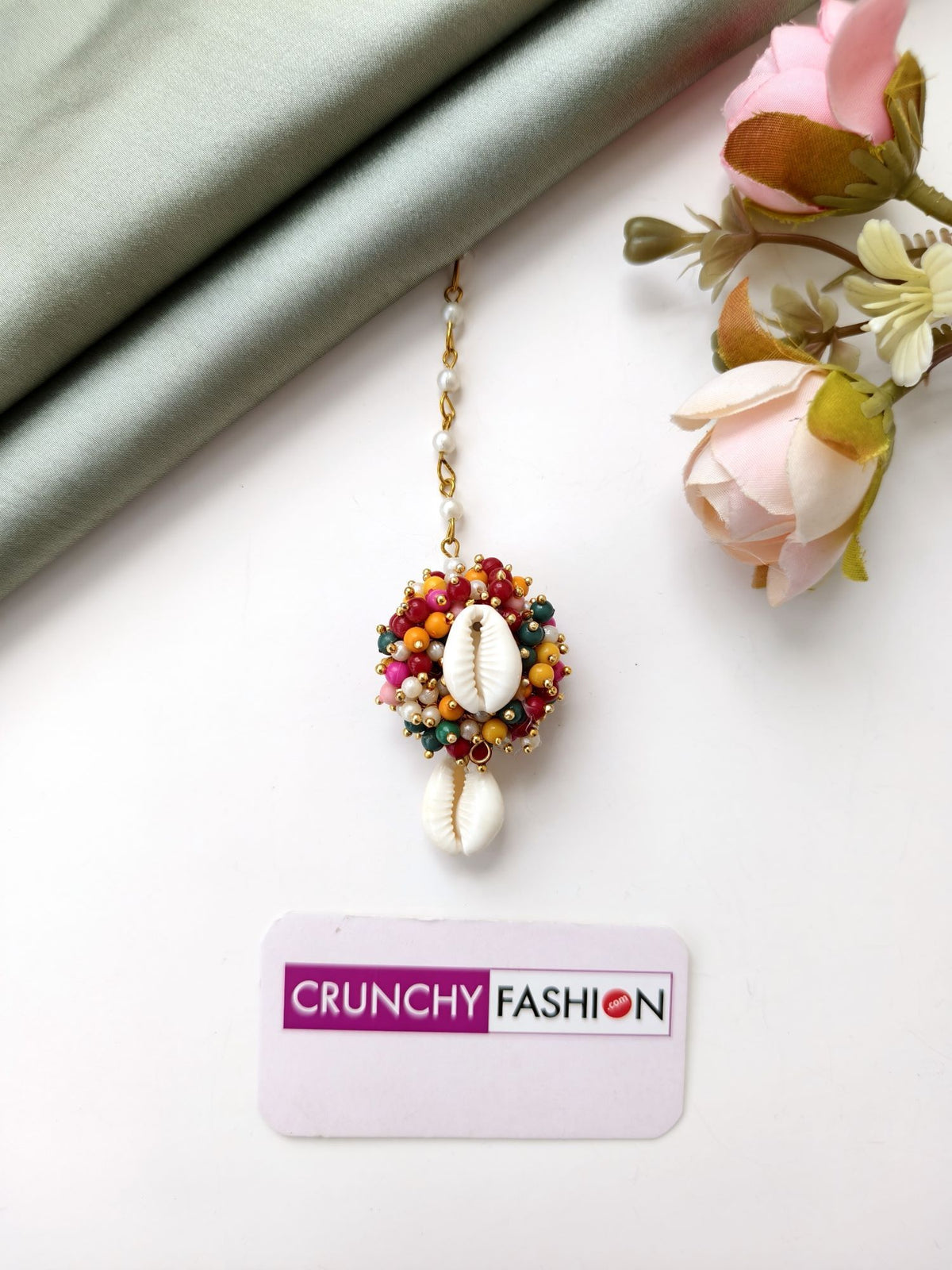 pearl & sea shell jhumka earrings & tikka set for haldi, multicolor