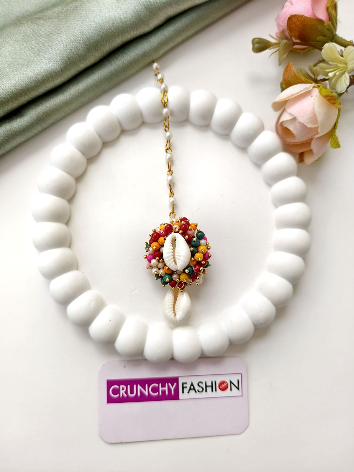 pearl & sea shell jhumka earrings & tikka set for haldi, multicolor