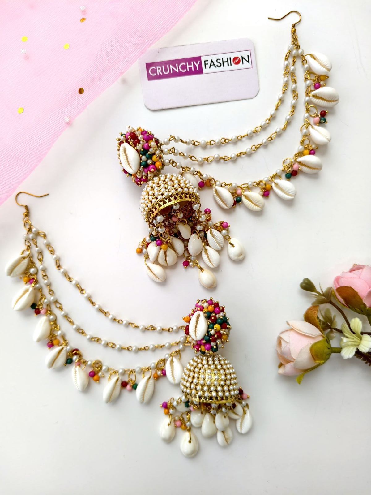 pearl & sea shell jhumka earrings & tikka set for haldi, multicolor