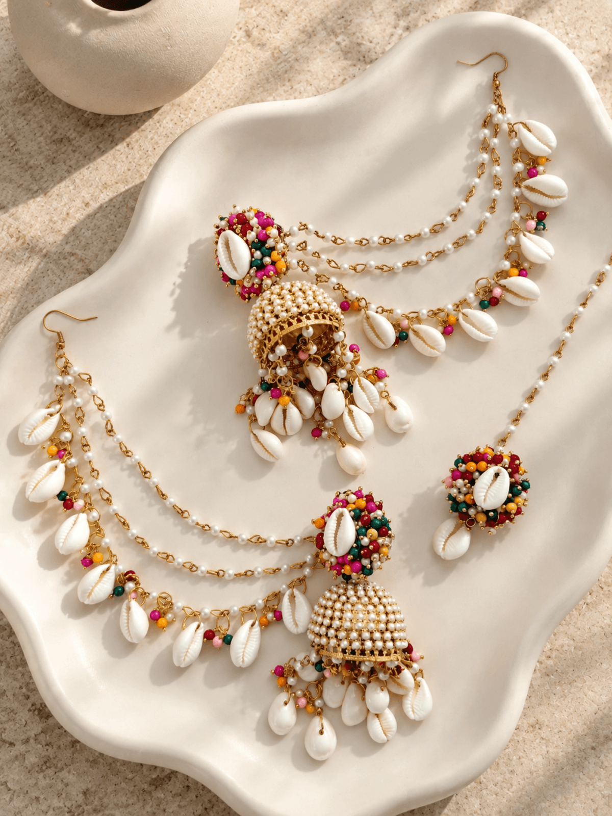 pearl & sea shell jhumka earrings & tikka set for haldi, multicolor