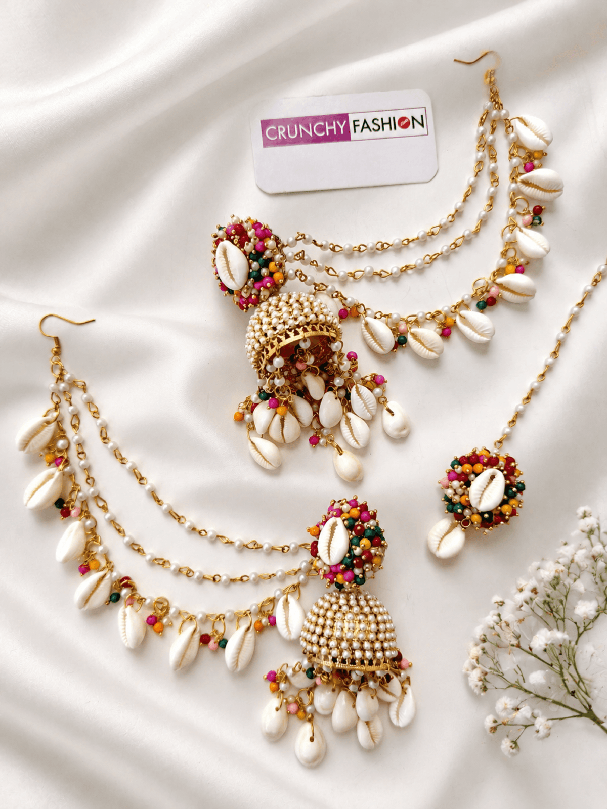 pearl & sea shell jhumka earrings & tikka set for haldi, multicolor
