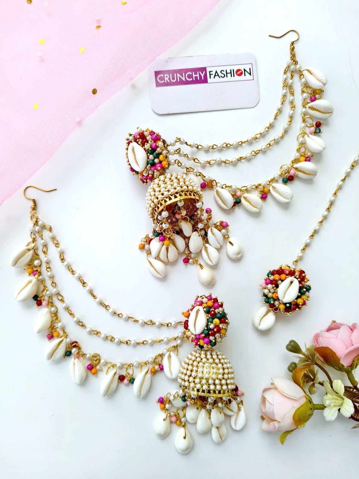 pearl & sea shell jhumka earrings & tikka set for haldi, multicolor