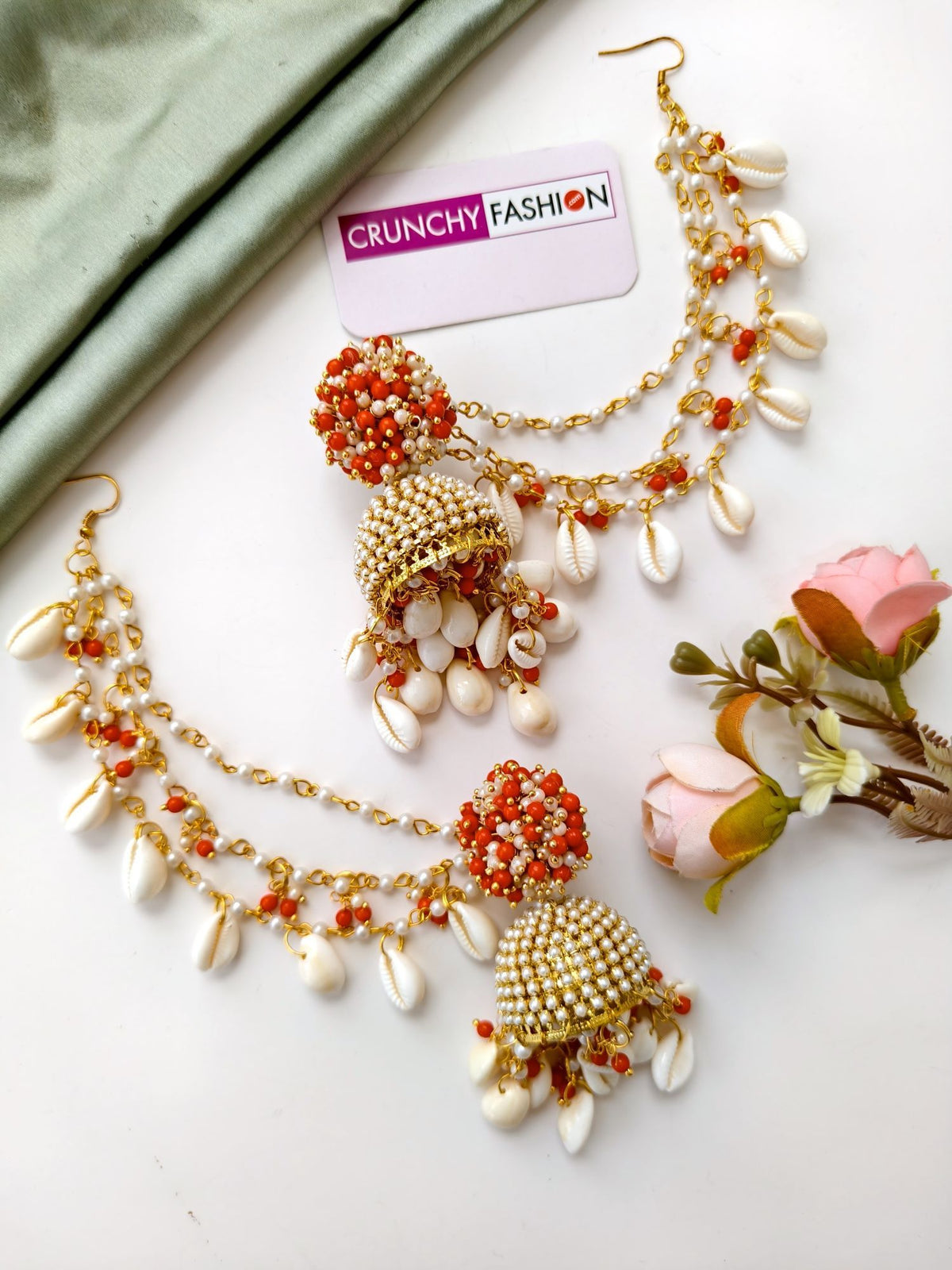 Red pearl sea shell jhumka earrings & tikka set for haldi