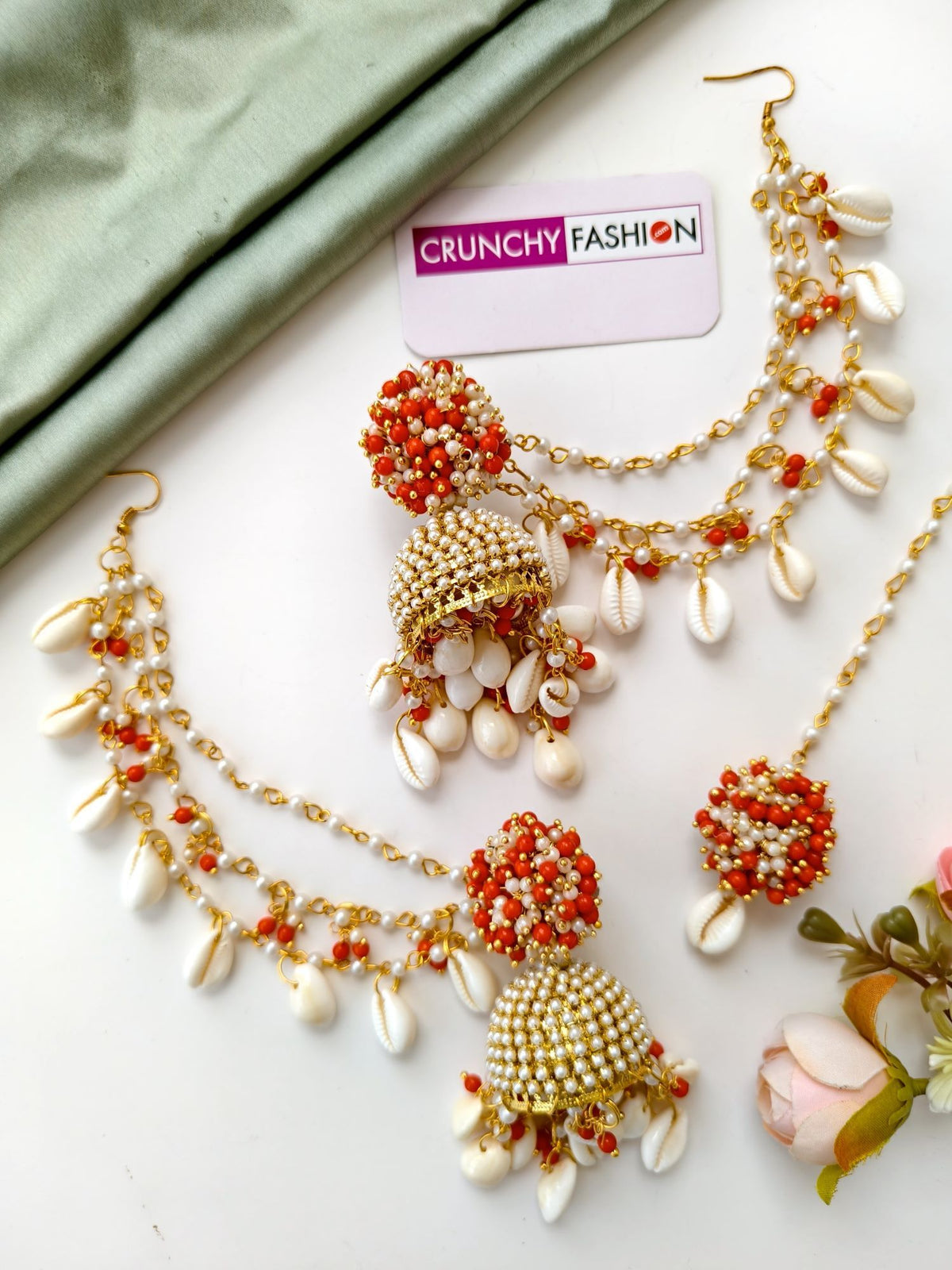 Red pearl sea shell jhumka earrings & tikka set for haldi