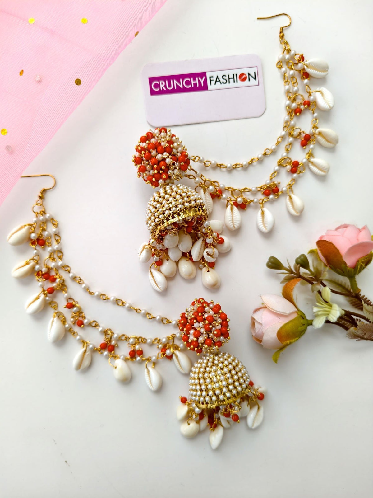 Red pearl sea shell jhumka earrings & tikka set for haldi