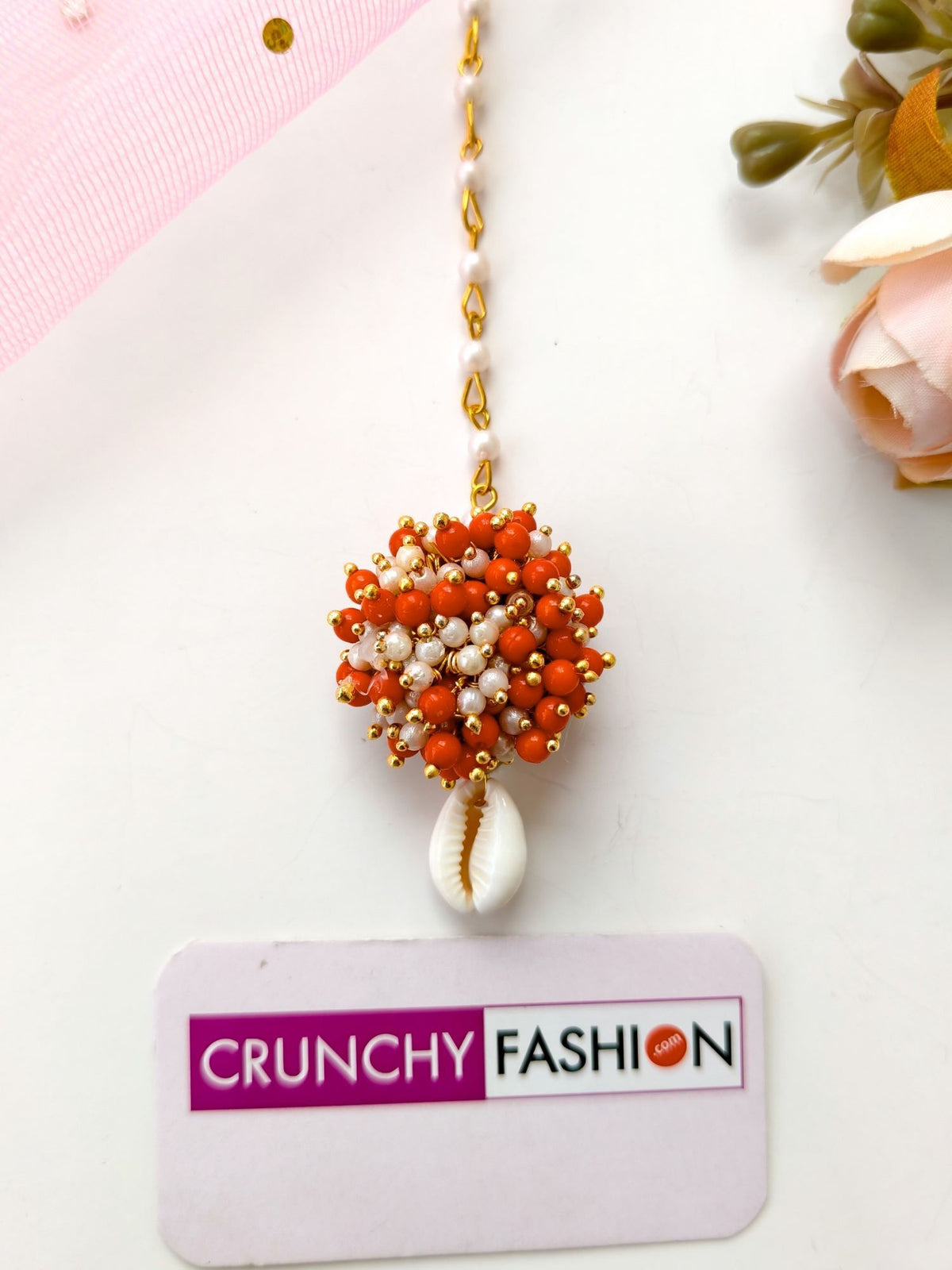 Red pearl sea shell jhumka earrings & tikka set for haldi