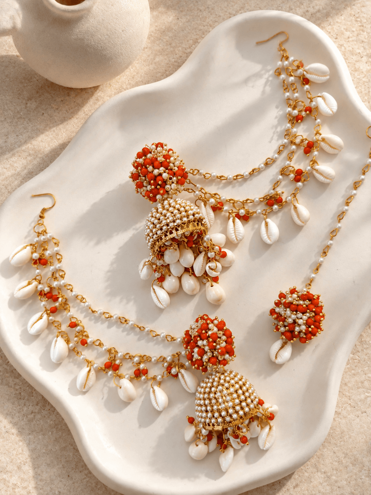 Red pearl sea shell jhumka earrings & tikka set for haldi