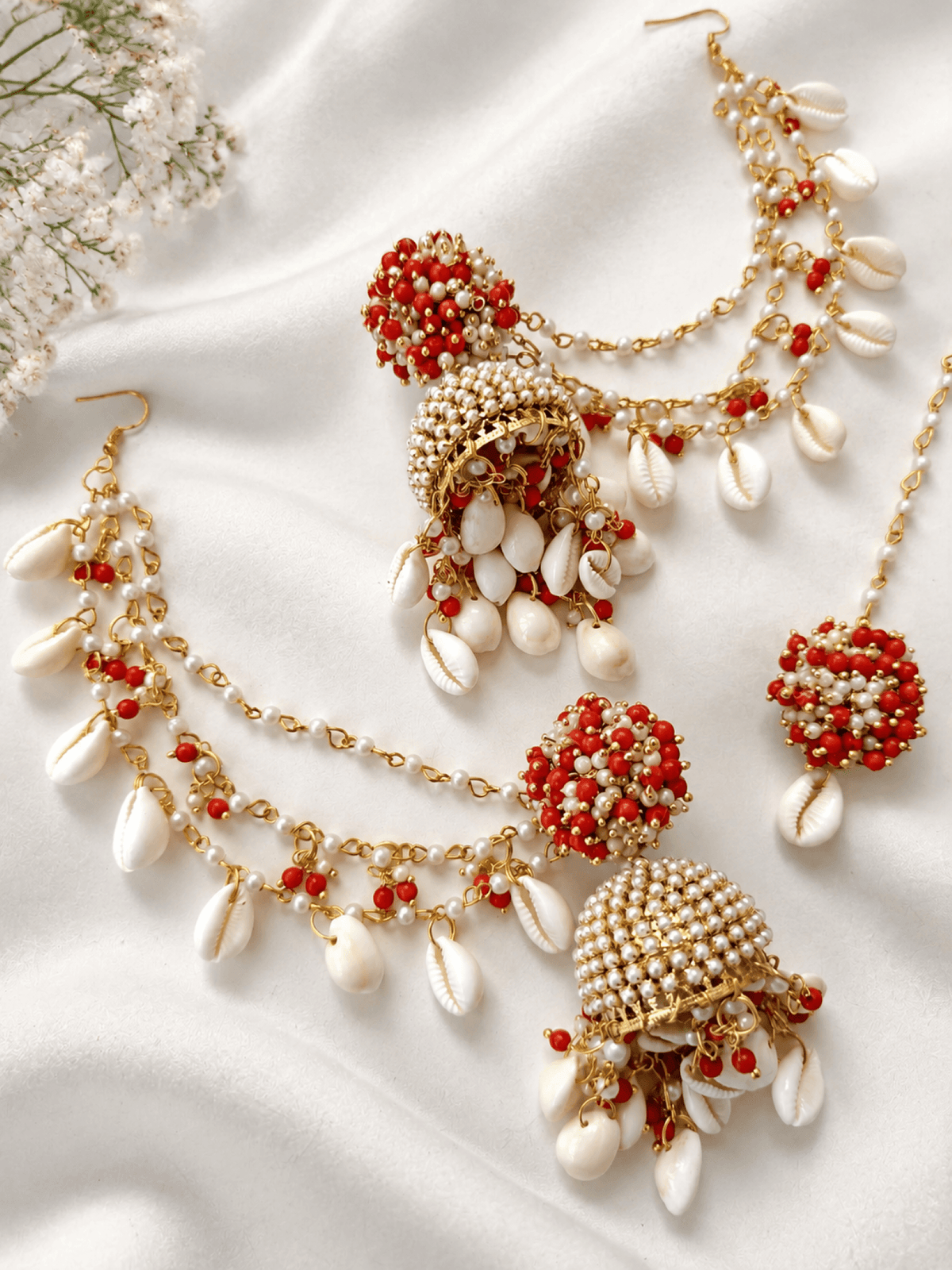 Red pearl sea shell jhumka earrings & tikka set for haldi