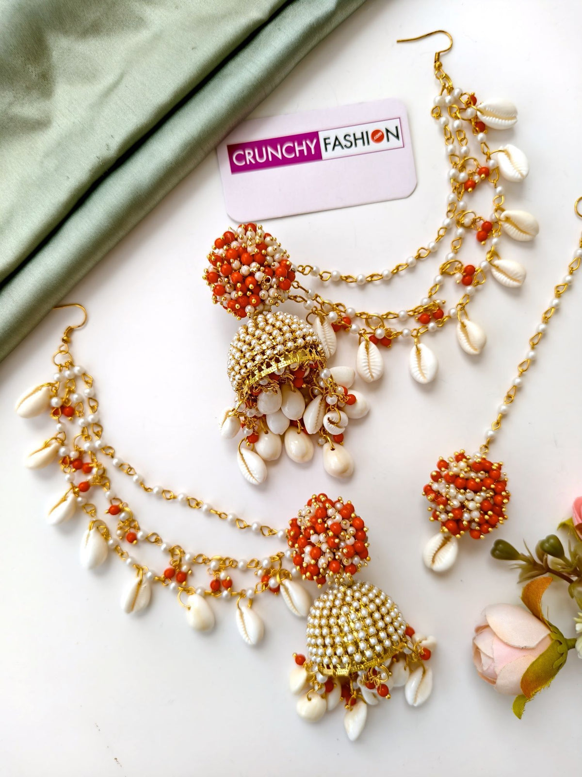 Red pearl sea shell jhumka earrings & tikka set for haldi