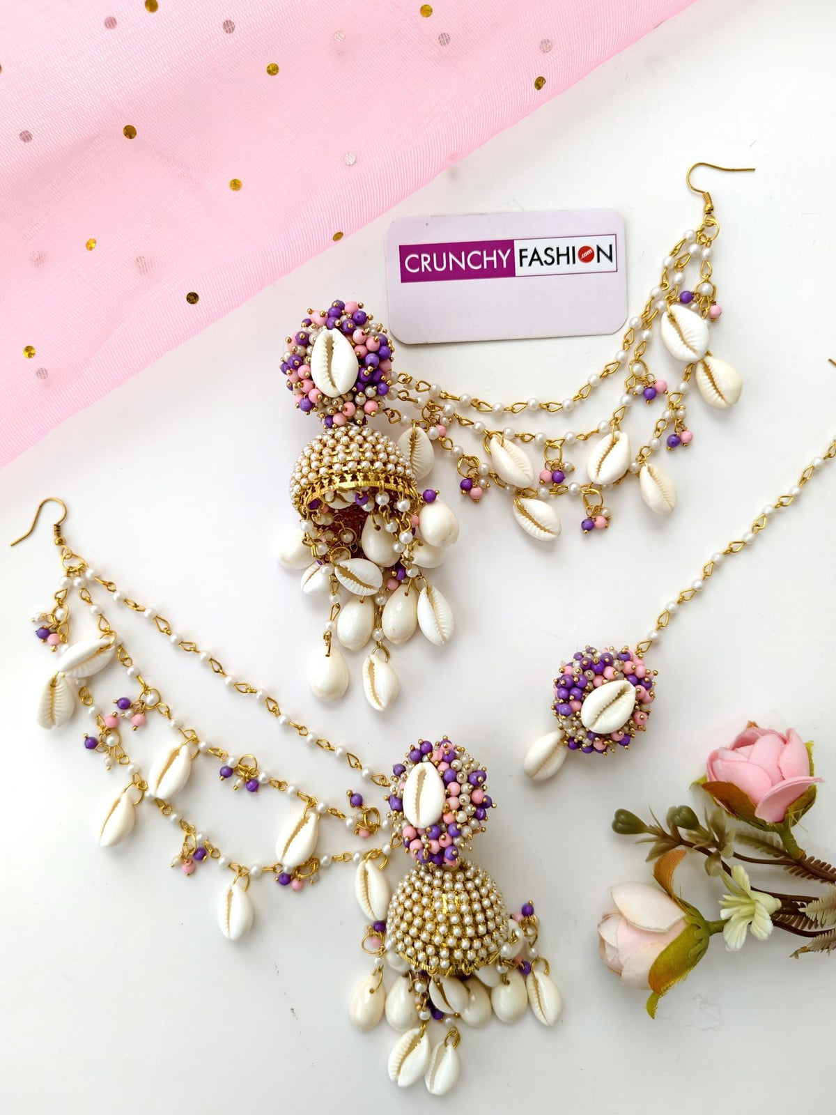 Pearl & sea shell jhumka earrings & tikka set for haldi, handmade