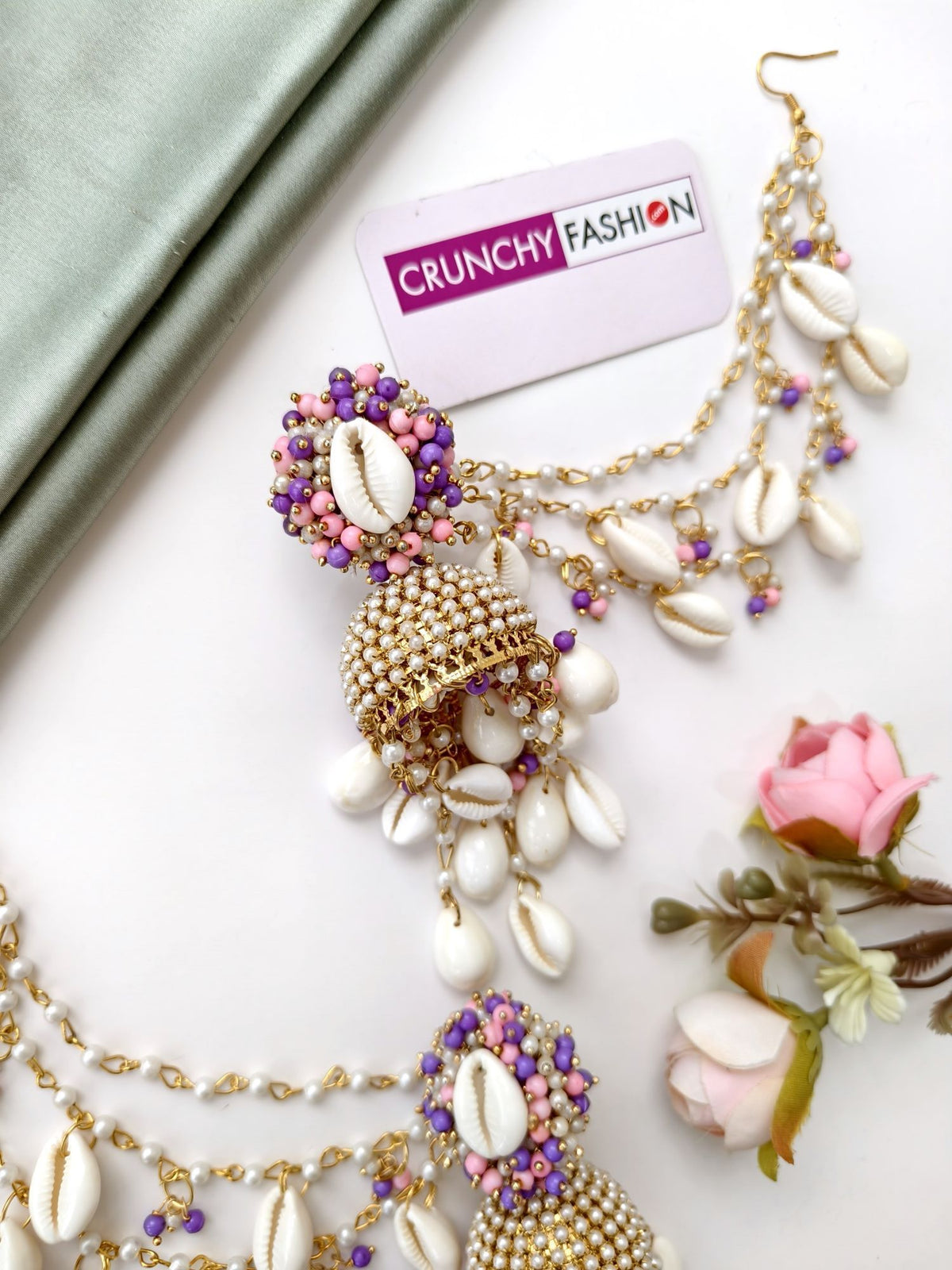 Pearl & sea shell jhumka earrings & tikka set for haldi, handmade
