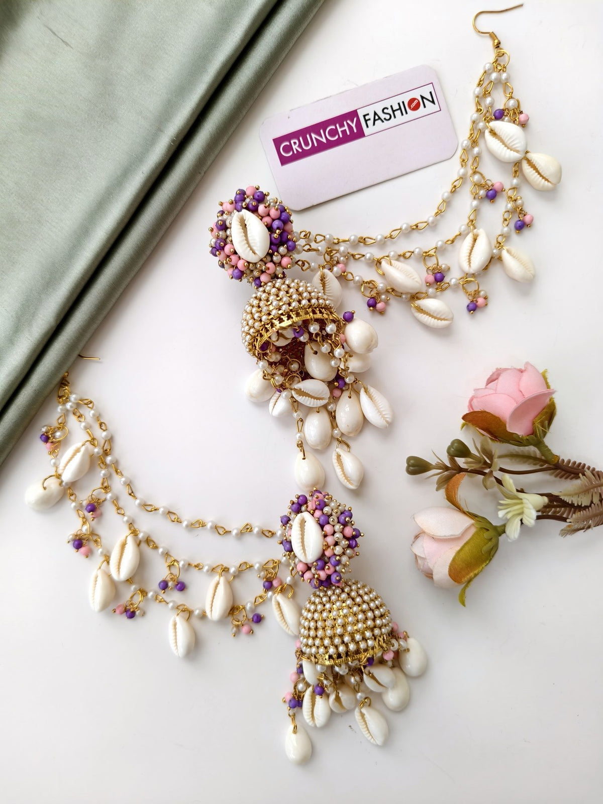 Pearl & sea shell jhumka earrings & tikka set for haldi, handmade