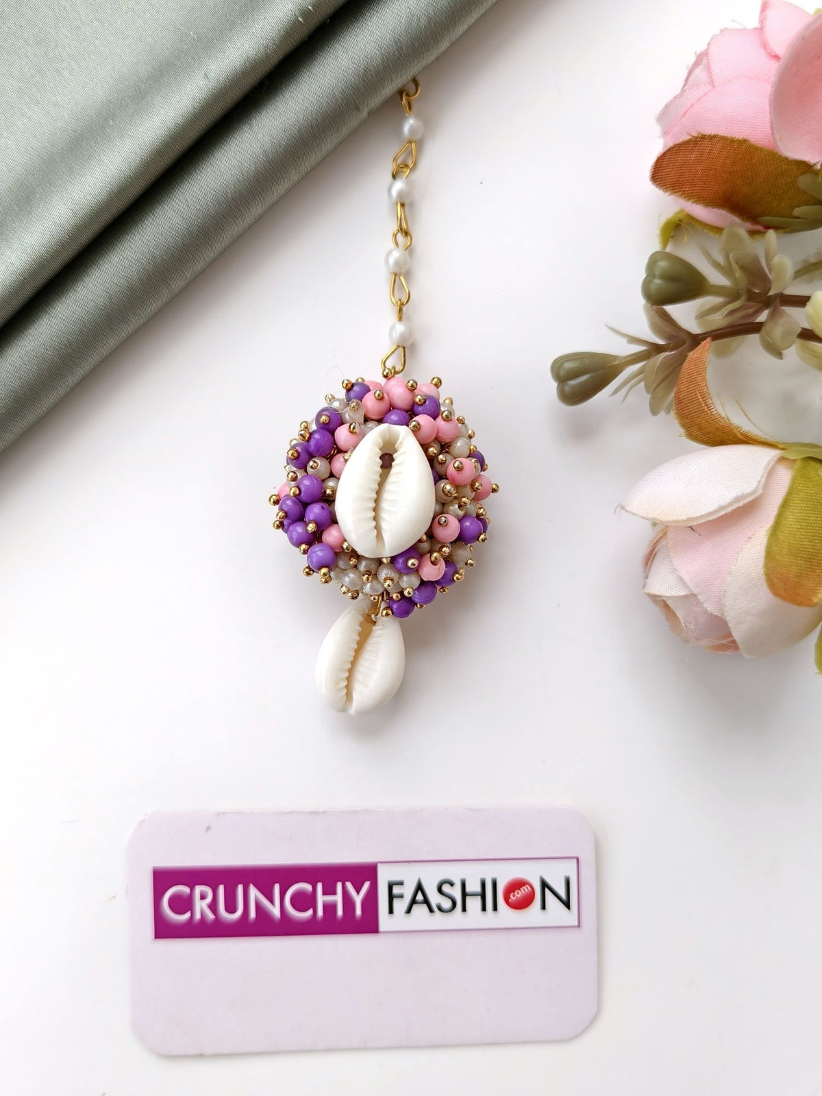 Pearl & sea shell jhumka earrings & tikka set for haldi, handmade